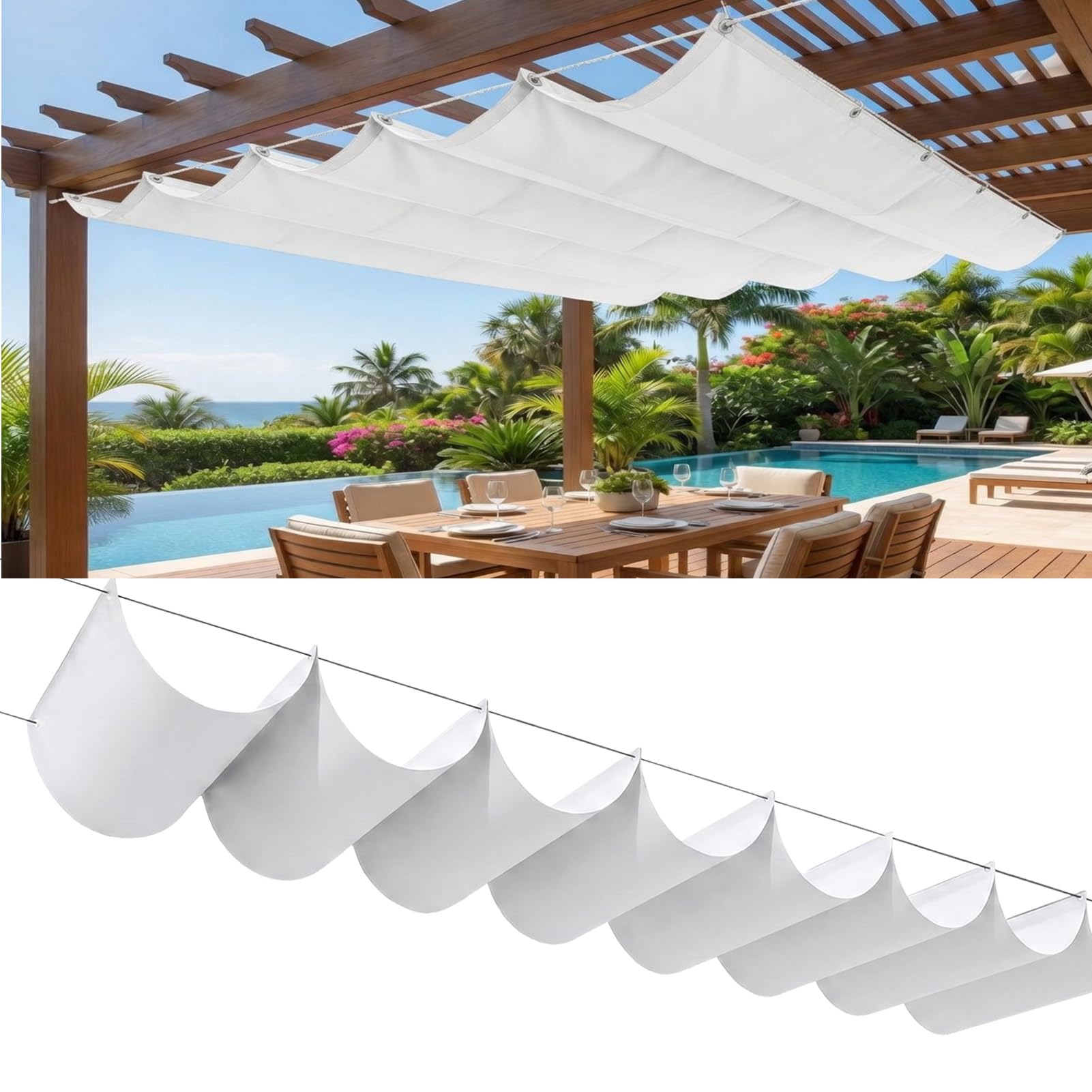 Retractable Wave Sun Shade Sail 3.5 x 6 m Adjustable Adjustable Shade Cover Privacy Protection Sun Shades for Party Pergola Balcony, White