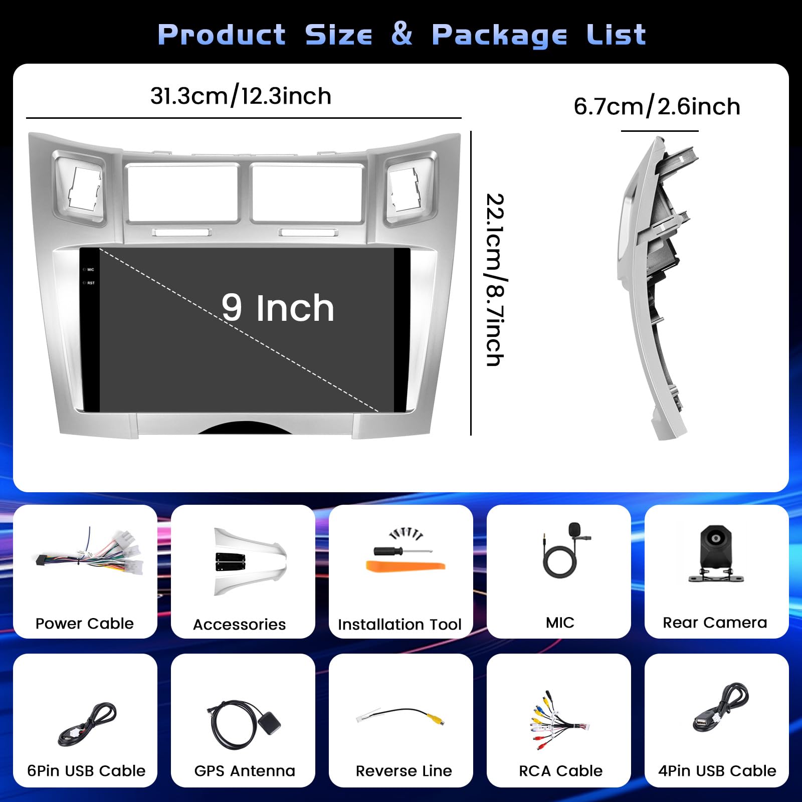 4+64G Android Autoradio pour Toyota Yaris/Vizi 2005-2011 sans Fil Carplay, 9 Pouces Incell écran Tactile pour Voiture avec Bluetooth 5.0/GPS/FM/RDS/EQ/Caméra de Recul
