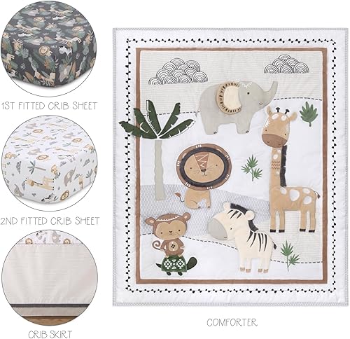 Miniatura 2 de The Peanutshell Juego de ropa de cama safari para cuna para niños o niñas, juego de edredón de cuna de algodón orgánico, 4 piezas, elefante, jirafa,