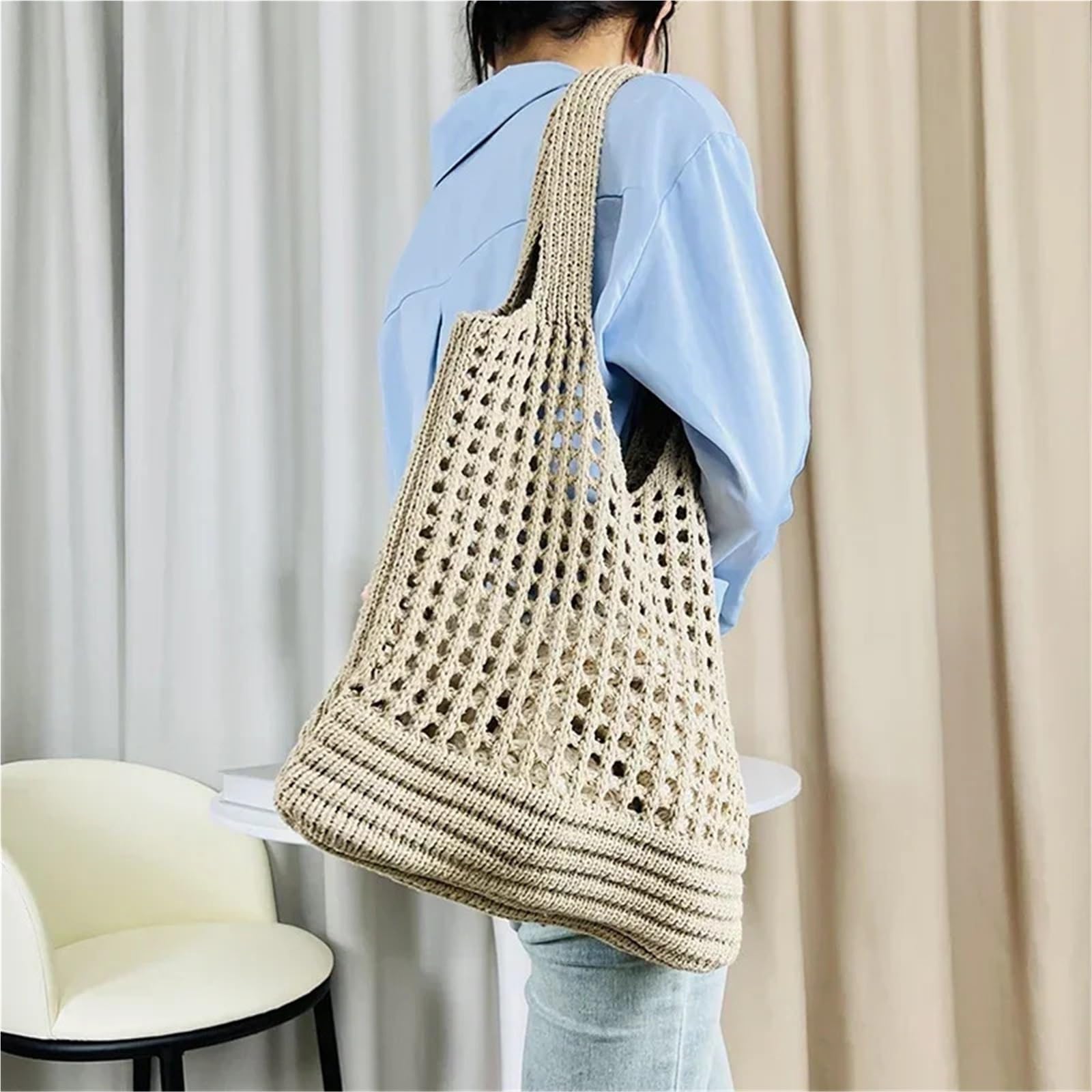 Bolsa De Ganchillo Bolso de Hombro Hueco de Punto for Mujer, Bolso de Compras de Ganchillo de Gran Capacidad, Bolso de Playa Informal for Vacaciones para Mujer(Khaki)