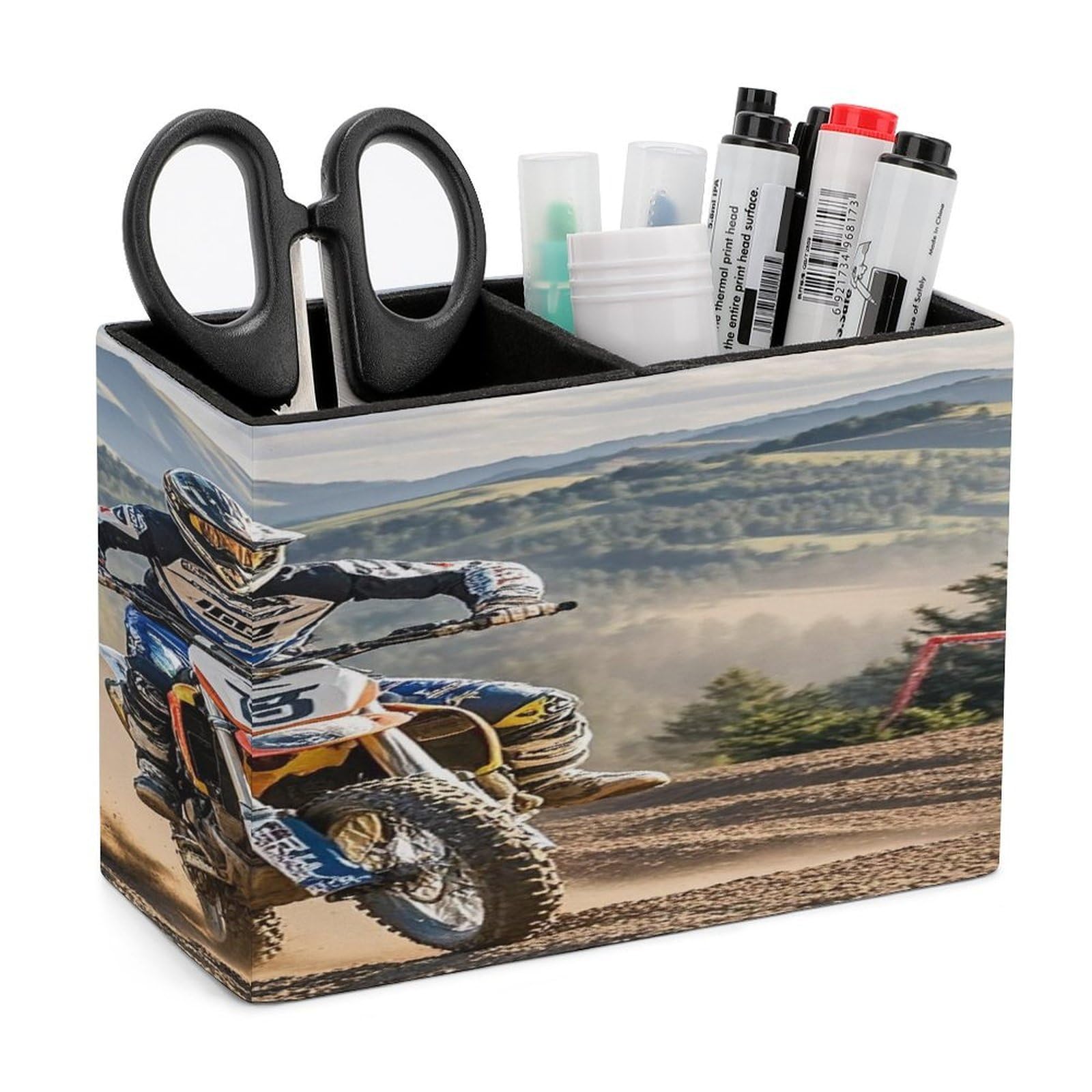 FekiLoot Motocross Pen Holders for Desk Small Remote Control Holder Leather Pencil Cup with Double Compartments Desktop Organizer for Table Desk Office Space Saving