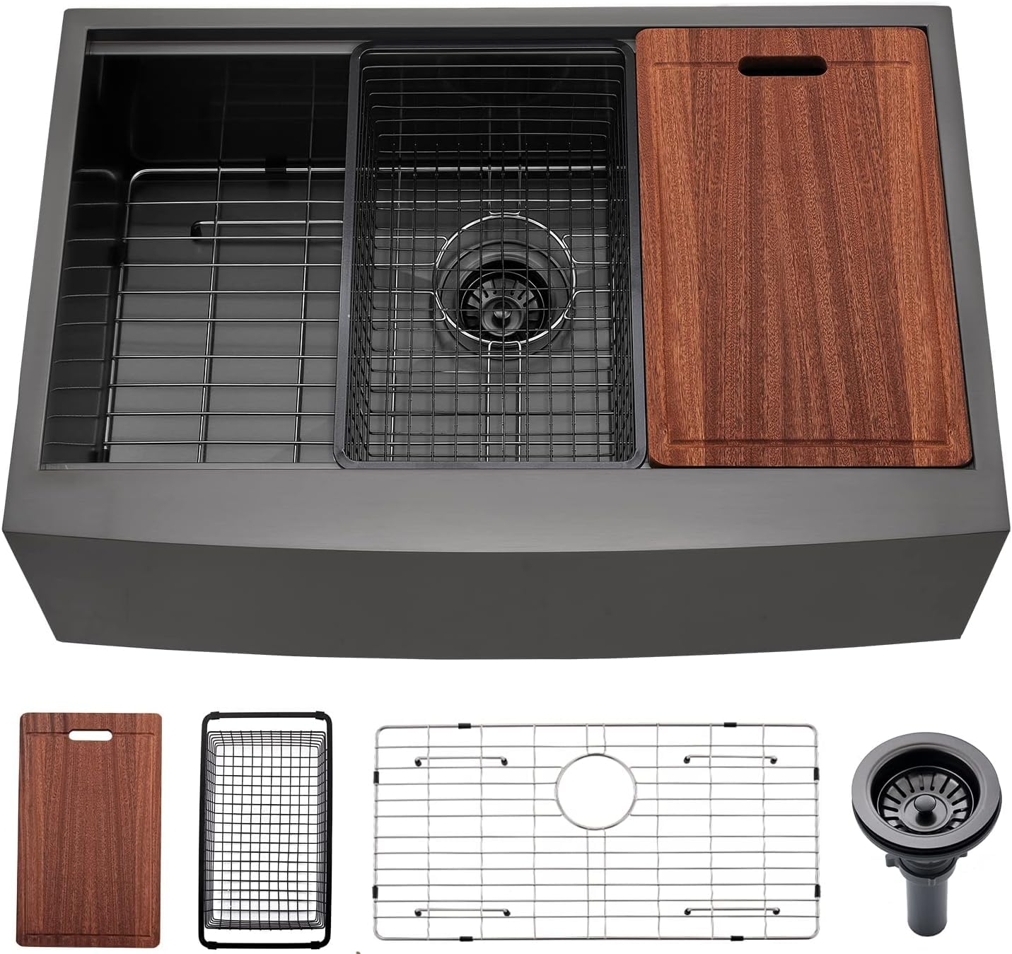 Doirteal 33 Black Undermount Farmhouse Kitchen Sink, 33 x 22 x 10 Inch Farm Kitchen Sink 16 Gauge Stainless Steel Apron Front Workstation Kitchen Sinks With Accessories, BL22S-1