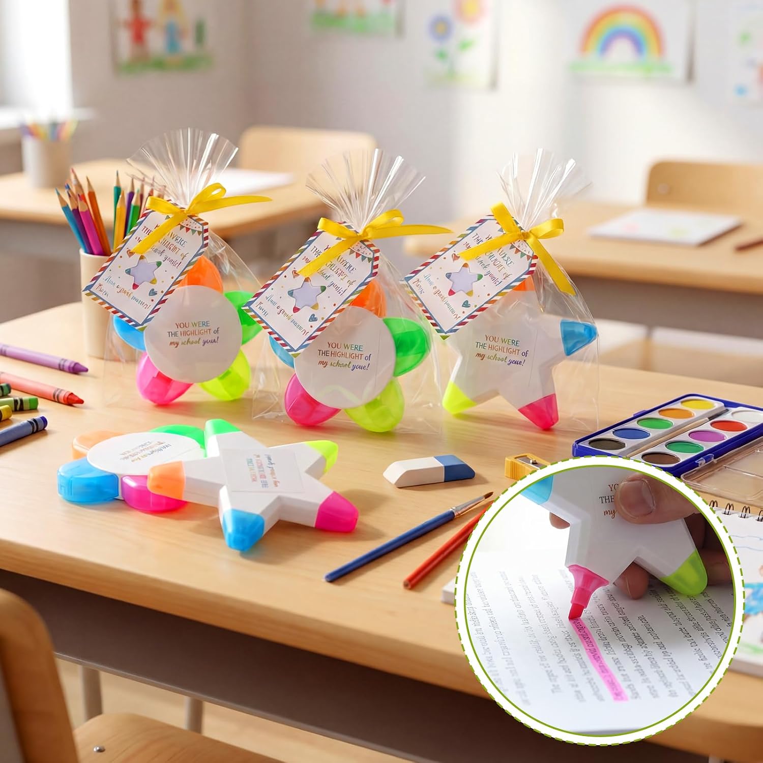 24 Sets End of The Year Gifts Bulk Star and Petals Highlighters with Cards 5 in 1 Fluorescent Pens Thank You Gifts Affirmation Awards for Graduation Party Favor Gift