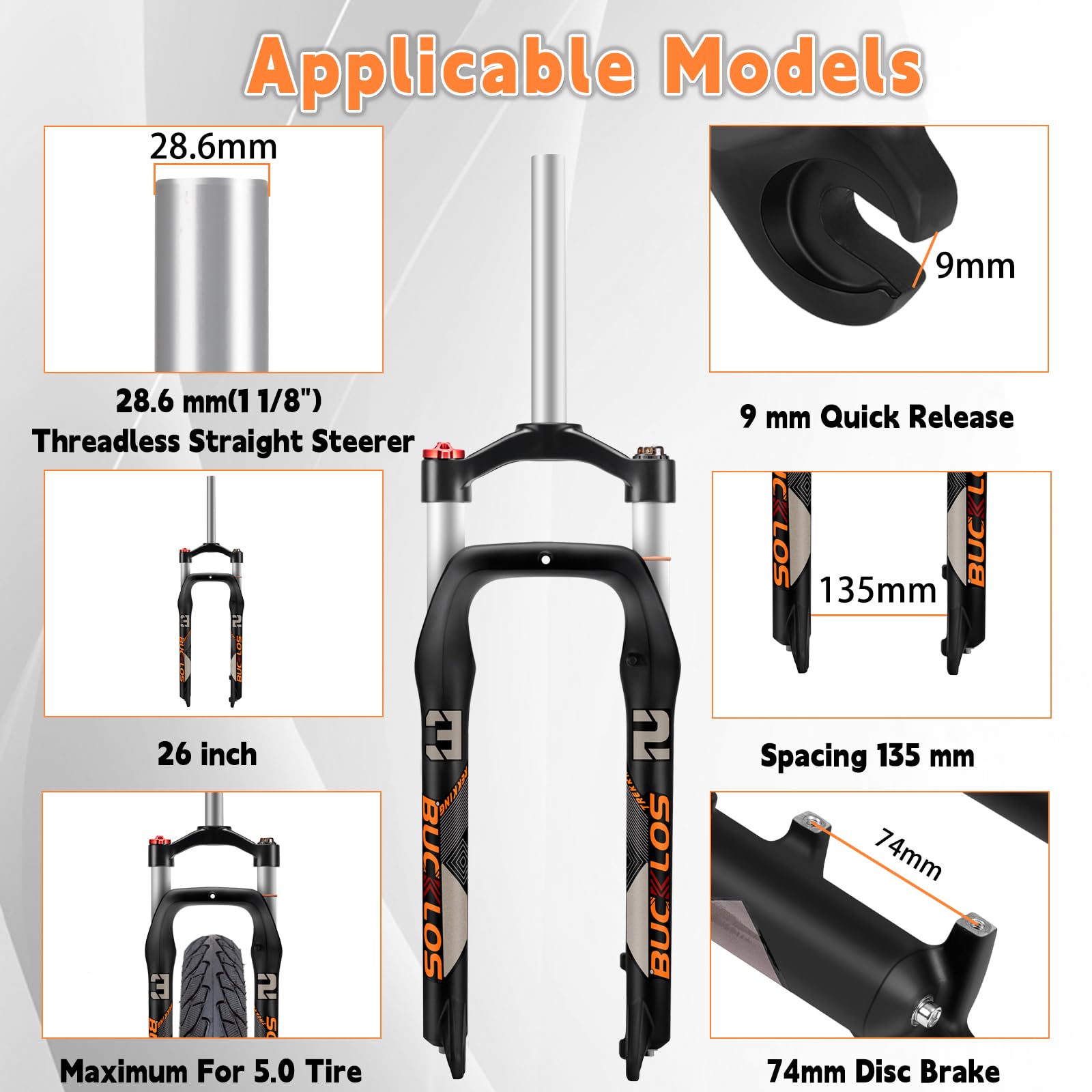 26 x 4,0 Zoll Fat Tire MTB-Federgabel, 100 mm Federweg, Nabenabstand 135 mm, 1 1/8 Zoll gerades Rohr, manuelle Sperre, Ölfeder-Vorderradgabel, passend für Snow Beach XC Mountainbike