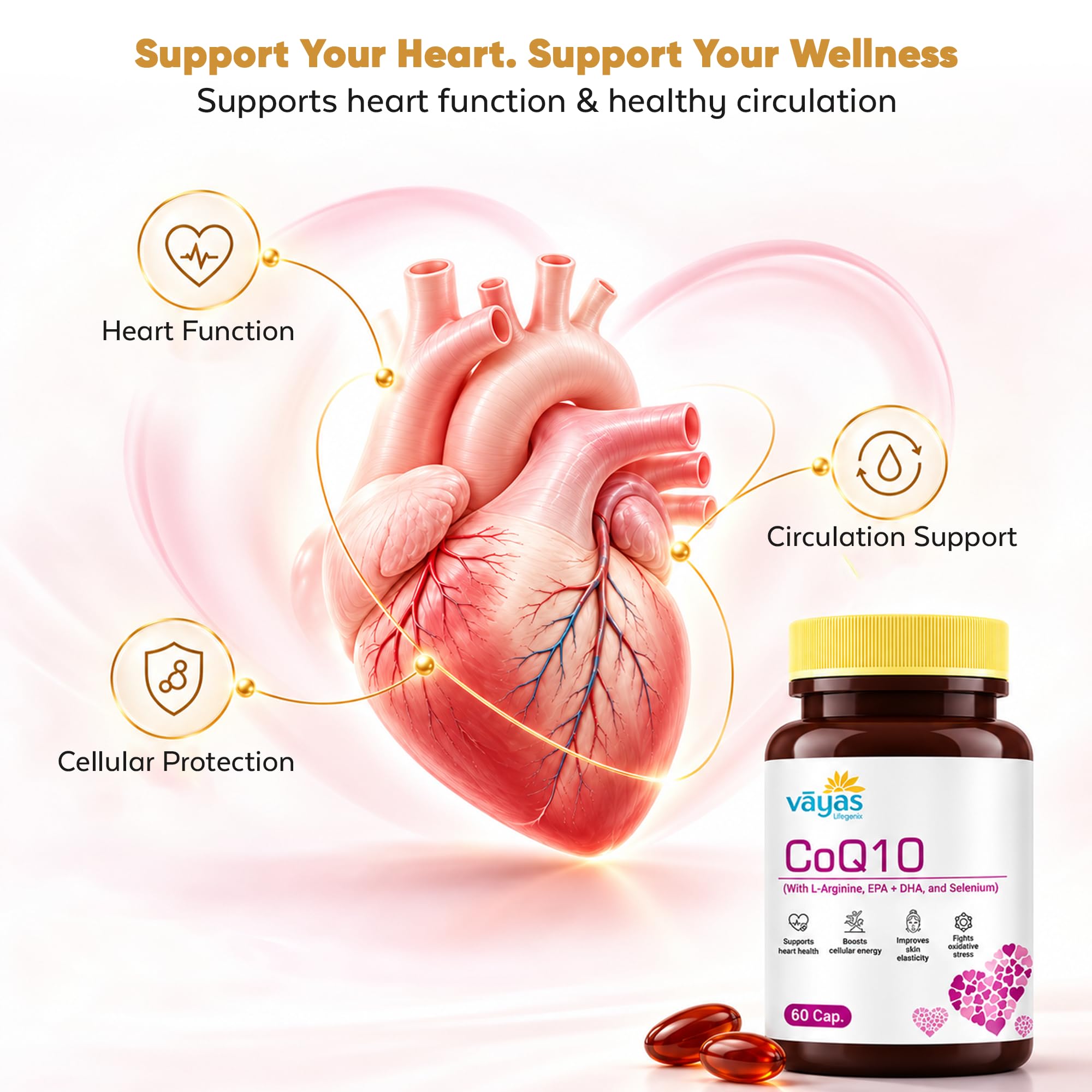 Vayas CoQ10 100mg Softgels – With L-Arginine, Selenium & Omega-3 – Advanced Antioxidant Formula for Heart Health, Energy Production & Cognitive Support – Daily Wellness Supplement for Men & Women — Amazon image 3