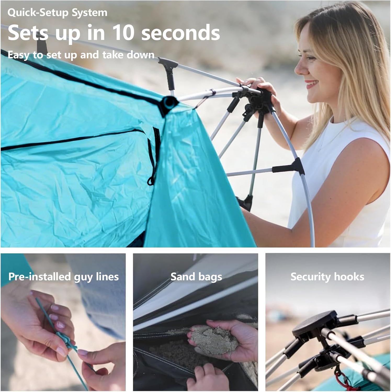 Three Bears Pop Up Beach Tent Sun Shade Shelter for 3-4 Person, UPF 50＋ UV Protection, Lightweight & Easy Setup Beach Shade Canopy, Portable Beach Shade Tent Beach Cabana (Blue)