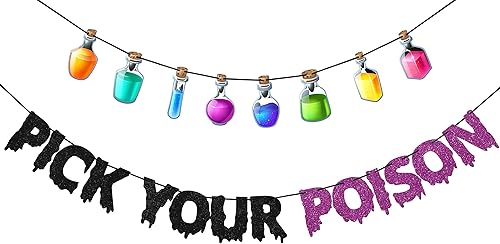 Cartel de "Pick Your Poison", letrero de barra de poción de Halloween, decoraciones de fiesta de brujas, decoración de casa embrujada, decoración de