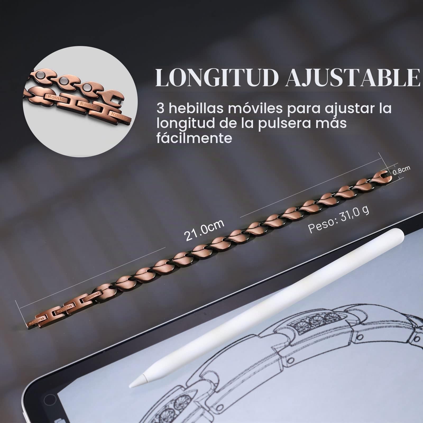 RainSo Pulsera para mujer, pulsera magnética de cobre puro, pulsera magnética elegante para mujer, alivio del dolor de artritis, en caja de regalo negra
