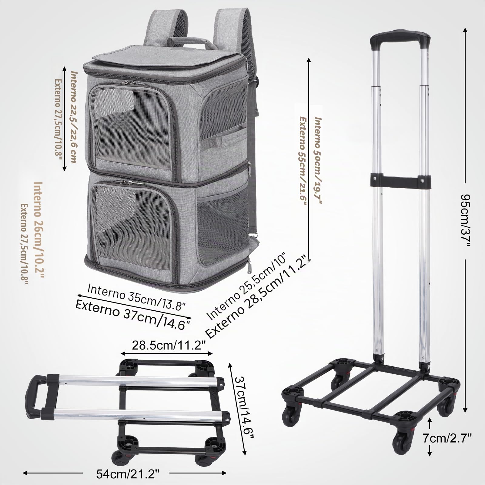 Mochila doble para gatos con ruedas desmontables, bolsa de viaje portátil, mochila plegable para 2 gatos/perros pequeños/conejos, gris