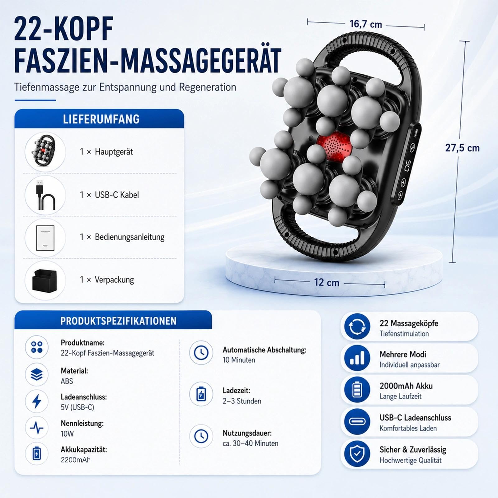 Massagepistole Tiefenwirksames Massagegerät für Rücken, Schultern, Beine, Kopf, Füße, Nacken uvm. Unterstützt Triggerpunkt-Massage, Muskelentspannung,Stosswellentherapie.