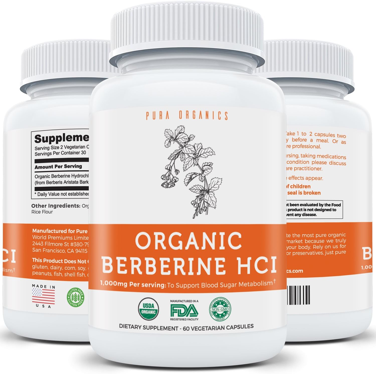 Berberine HCI | 500mg | Vegetarian | Pure Berberine Hydrochloride HCL Complex | Supports Healthy Blood Sugar Levels - Blood Glucose Supplement | 1000mg per serving | 60 Capsules