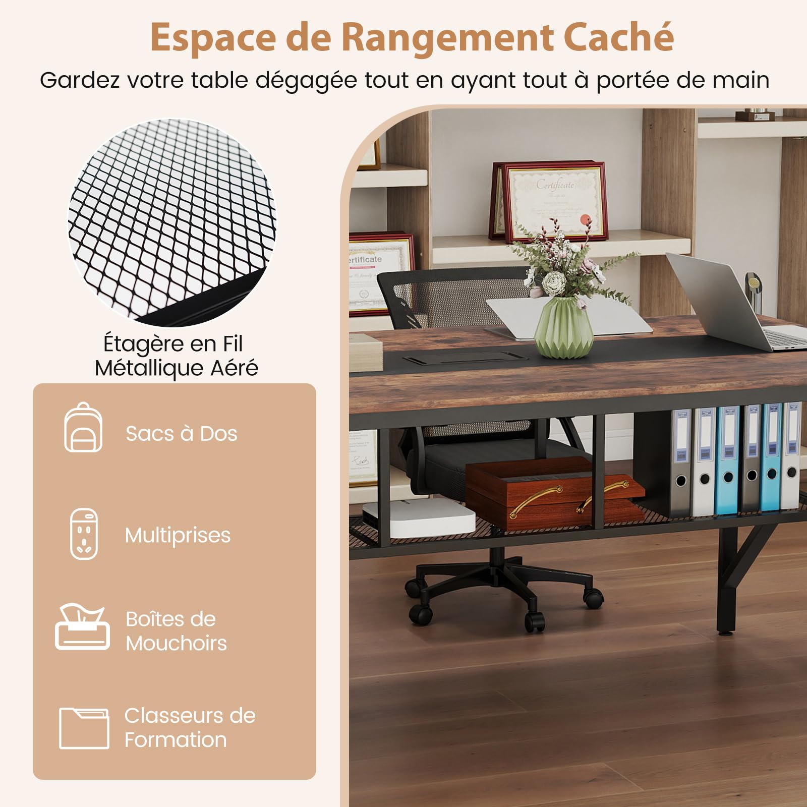 COSTWAY Table de Conférence pour 8 Personnes, Table de Réunion Rectangulaire avec Étagère de Rangement en Maille et Passe-câble, Bureau de Séminaire Industrielle avec Cadre Métallique pour Bureau