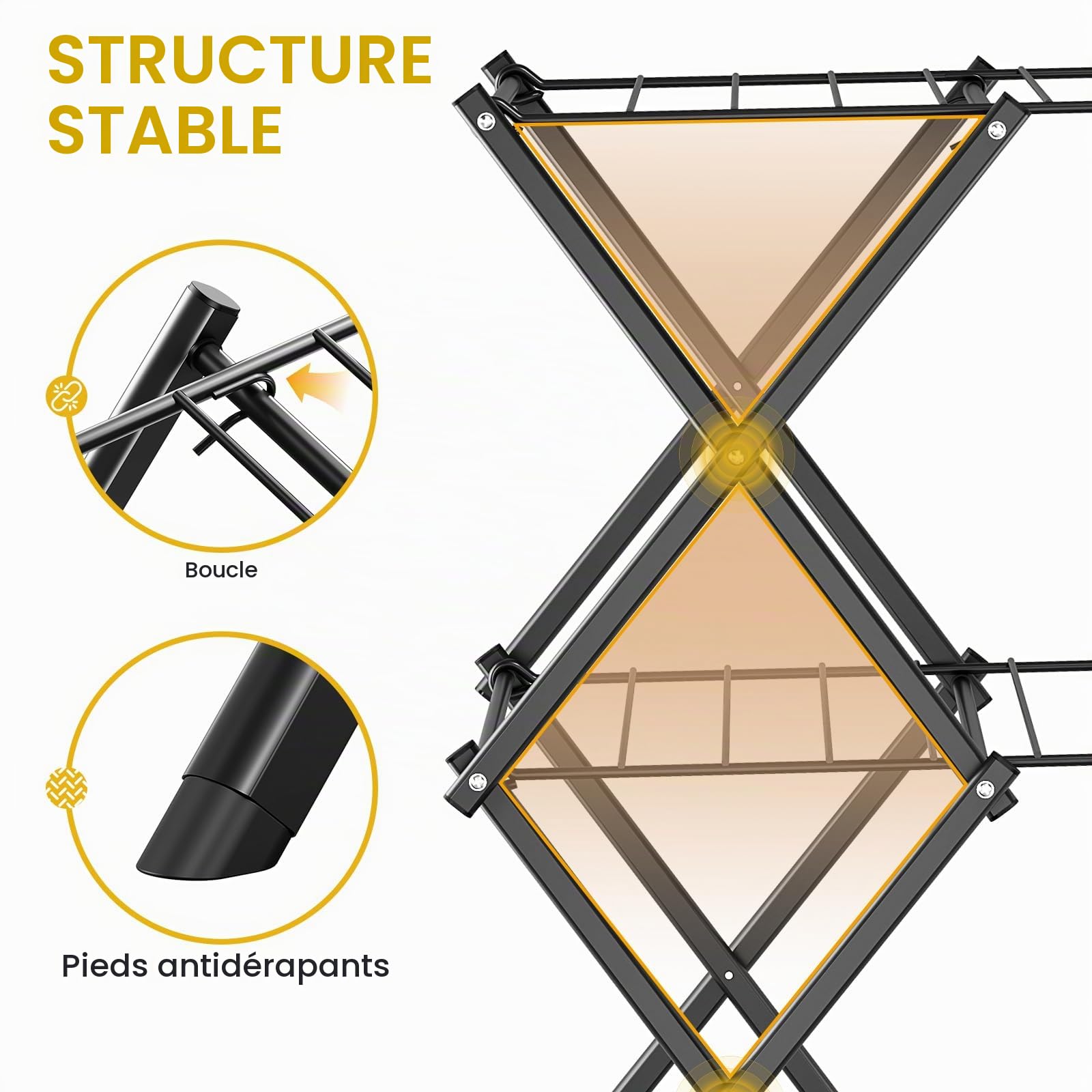 KINGBOARD Support de séchage des vêtements, étendoir à linge pliable, séchoir à vêtements à 3 niveaux, séchoir à pull pliable, pour intérieur et extérieur, Noir
