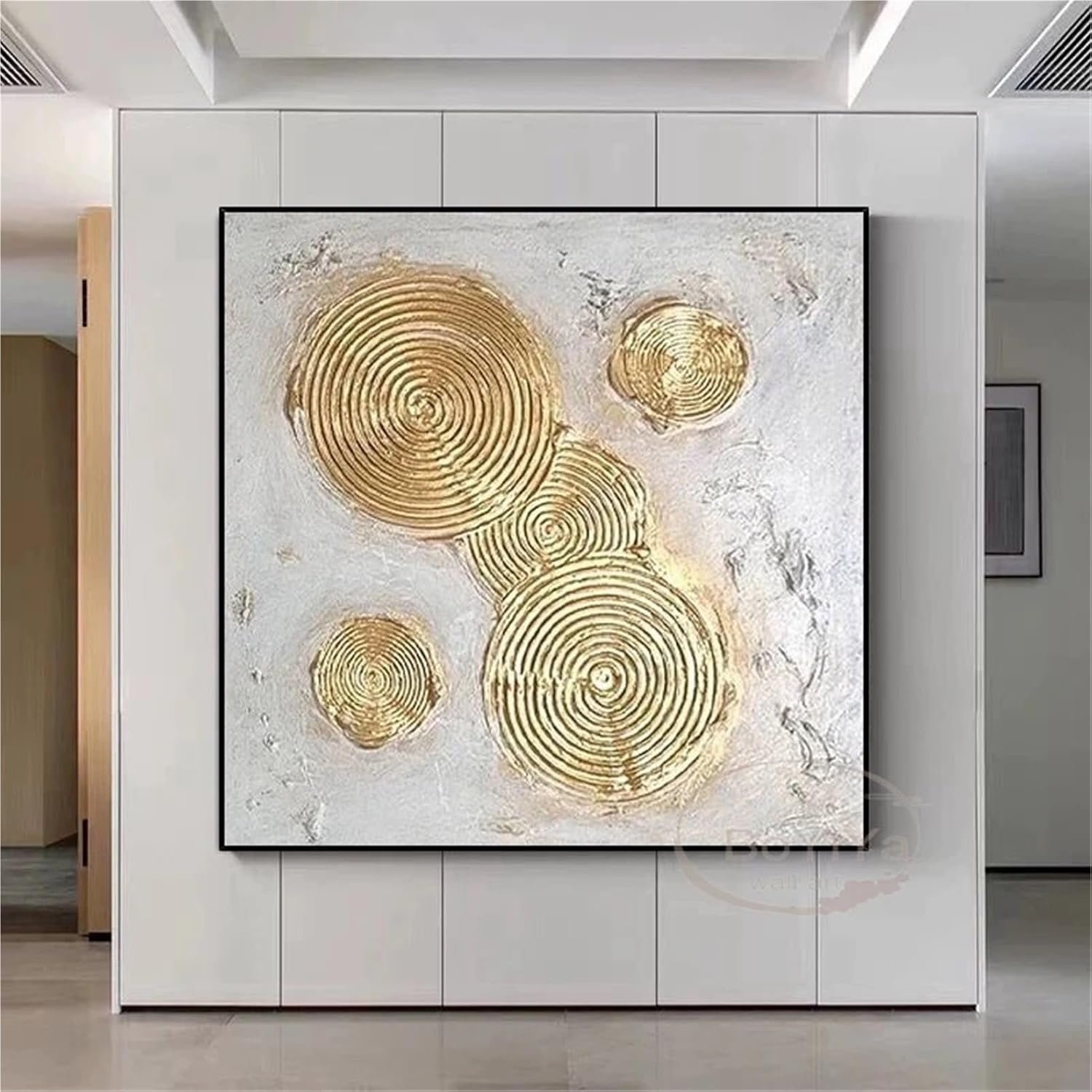 HIKLC Moderndecoration salonPosters onthe wall PureHand drawn abstract oilpainting on canvas goldfoil picturefor livingroom(WHITE,90cmx90cm)