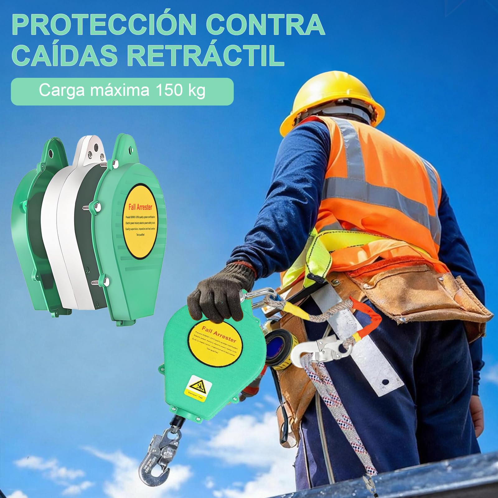 Dispositivo Anticaídas Retráctil, Linea de Vida Retráctil con Frenado Instantáneo, Arnés de Seguridad Industrial con Gancho Autoblocante y Cable Antitorsión para Trabajo Altura (Verde, 20m)