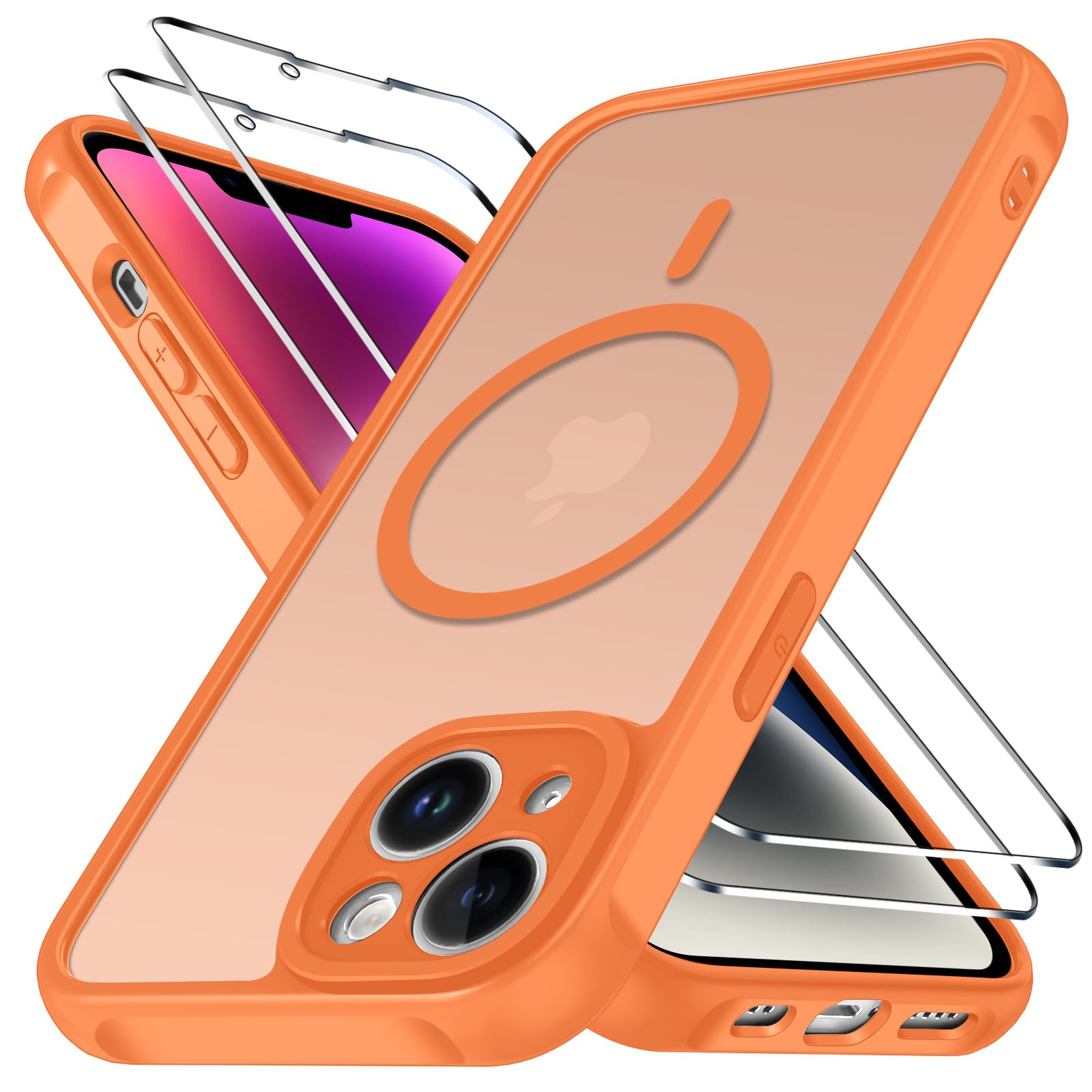 iVoler Cover Magnetica per iPhone 14 5G con 2 Pezzi Pellicola Vetro Temperato, [Compatibile con MagSafe] Custodia Traslucida Opaca Sottile Anti-Impronte MagSafe Case, Arancione