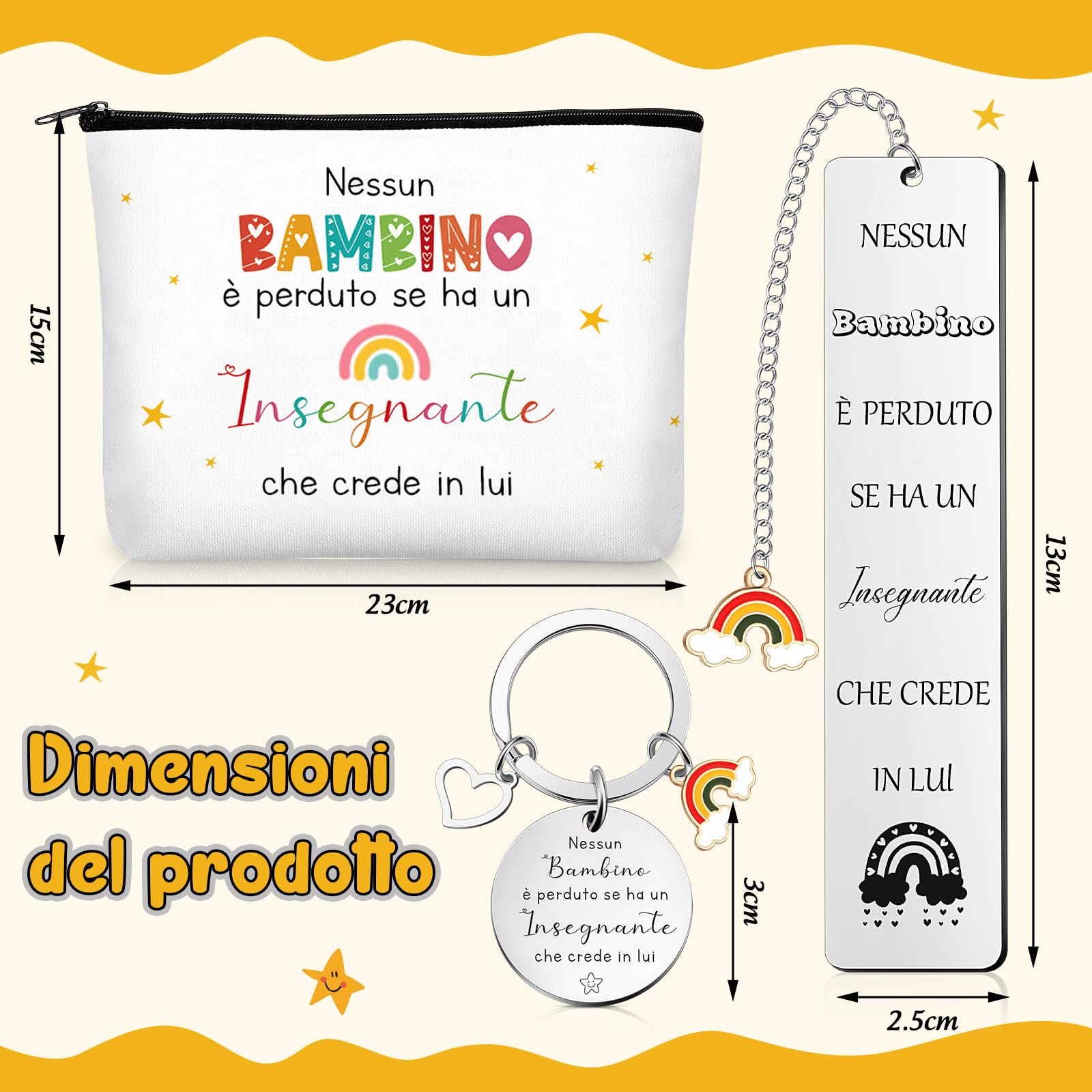 Geiserailie 3 Set Regali Maestre Fine Anno Include 3 Portachiavi Insegnanti con Frasi 3 Borse Cosmetica 3 Segnalibri Maestra Idee Regalini per Insegnante Asilo Professoressa Compleanno Laurea