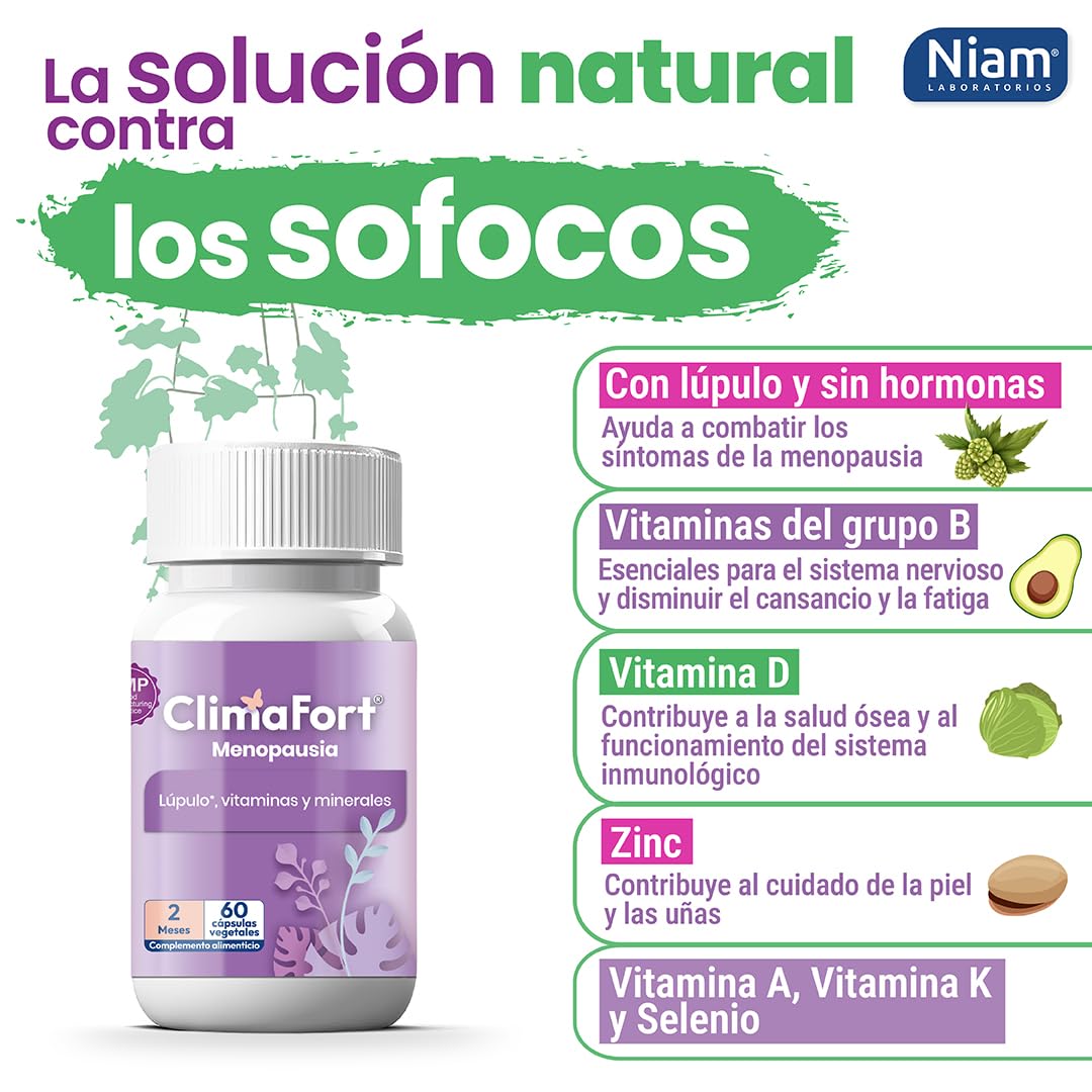 [60 cáps] ClimaFort Menopausia | Para 2 meses | Alivia Sofocos, Sudoración y otros Síntomas de la Premenopausia | Pastillas con Lúpulo, Vitaminas y Minerales | 1 al día | Pastillas Menopausia con Vitaminas y Minerales | Alivia Sofocos y Sudoración | Sin h