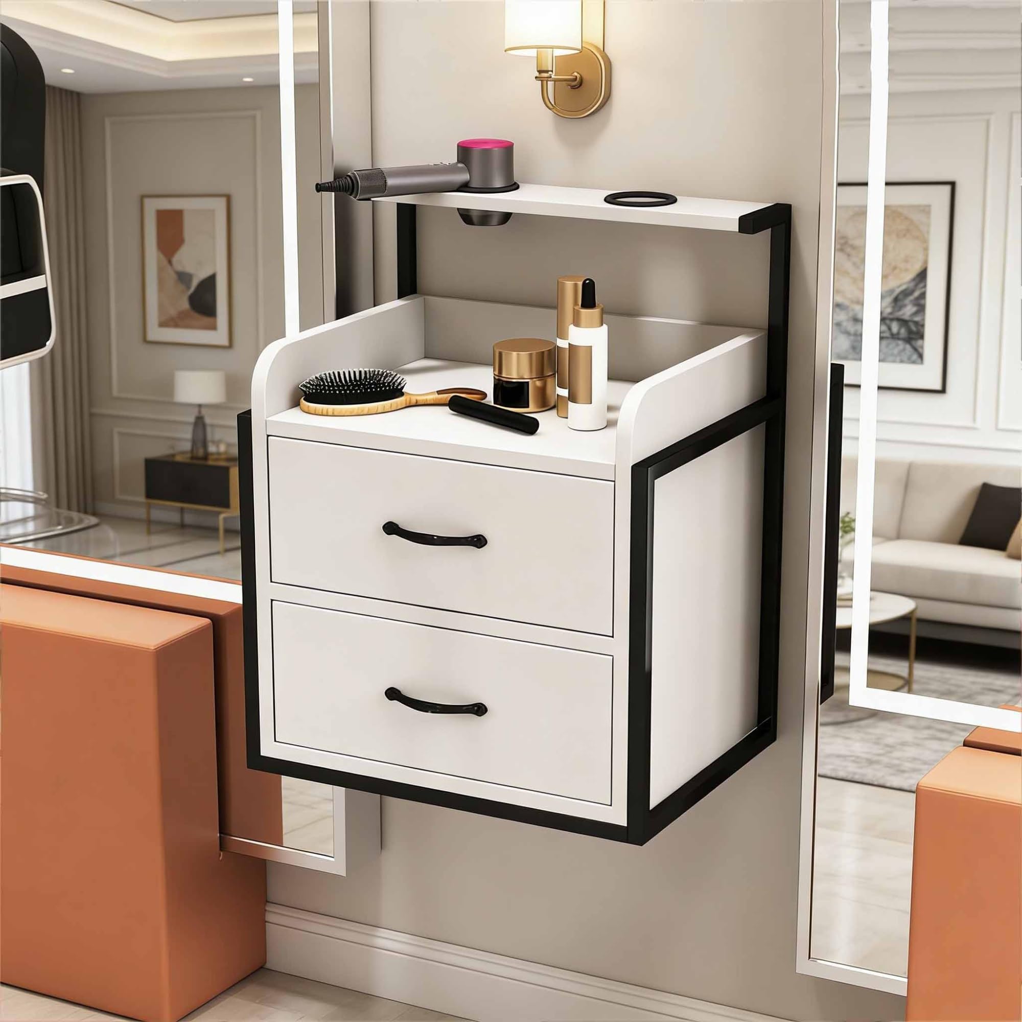 Postazione da Barbiere e Parrucchiere a Parete, Mobile da Salone con 2 Cassetti e Supporti per Asciugacapelli, Armadietto Contenitore per Barbierie e Uso Domestico (40 * 30 * 38 cm)(A)