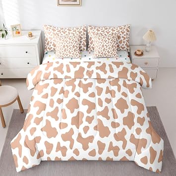 Cartoon Camel Cow Print 7 Pieces Bedding Set Queen Size,Milk Cow Animal Bed in a Bag,Farmhouse Cattle Bed Set Includes Comforter,Sheet Set,Pillowcases & Pillow Covers,Western Animals Bedroom Decor