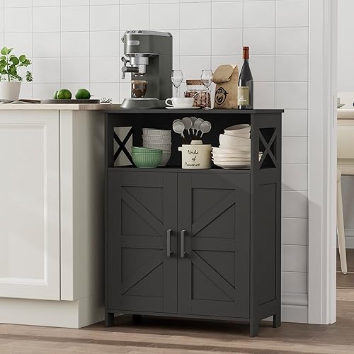 Miniatura 7 de Homhedy Armario de almacenamiento de baño con 2 puertas, gabinete de papel higiénico con estantes ajustables, armario de baño pequeño para Negro