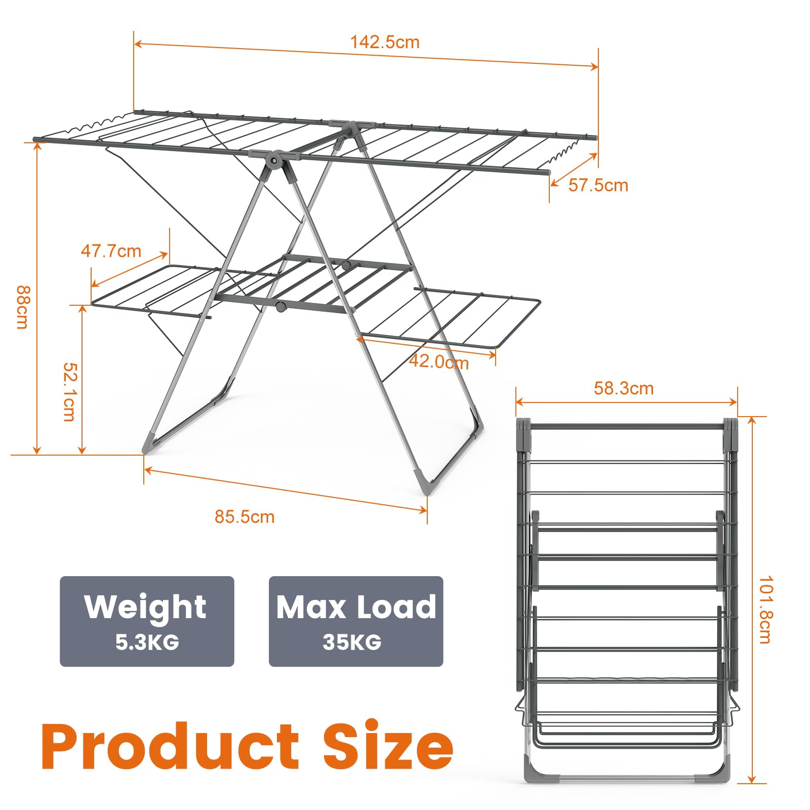 Innotic Stendino Verticale Salvaspazio, Stendibiancheria 2 Ali Resistente, Carico 35kg, 33 Barre, Stendipanni Richiudibile, Pieghevole, Portatile,143x88x58 cm per Balcone Esterno Interno
