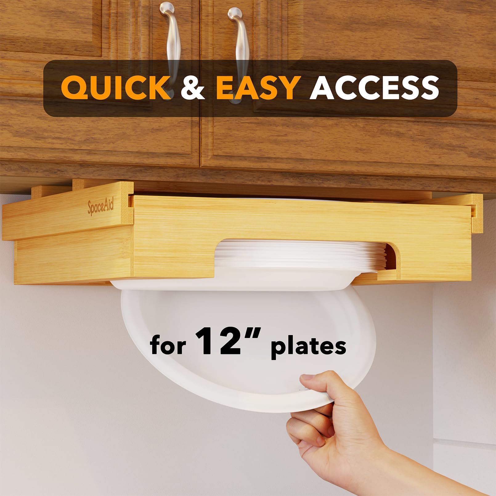 SpaceAid Dispensador de Platos de Papel de 12 Pulgadas, Soporte de Platos de bambú para Debajo del gabinete, Soporte Vertical para encimera de Cocina, Organizador de encimera (para Platos de 12