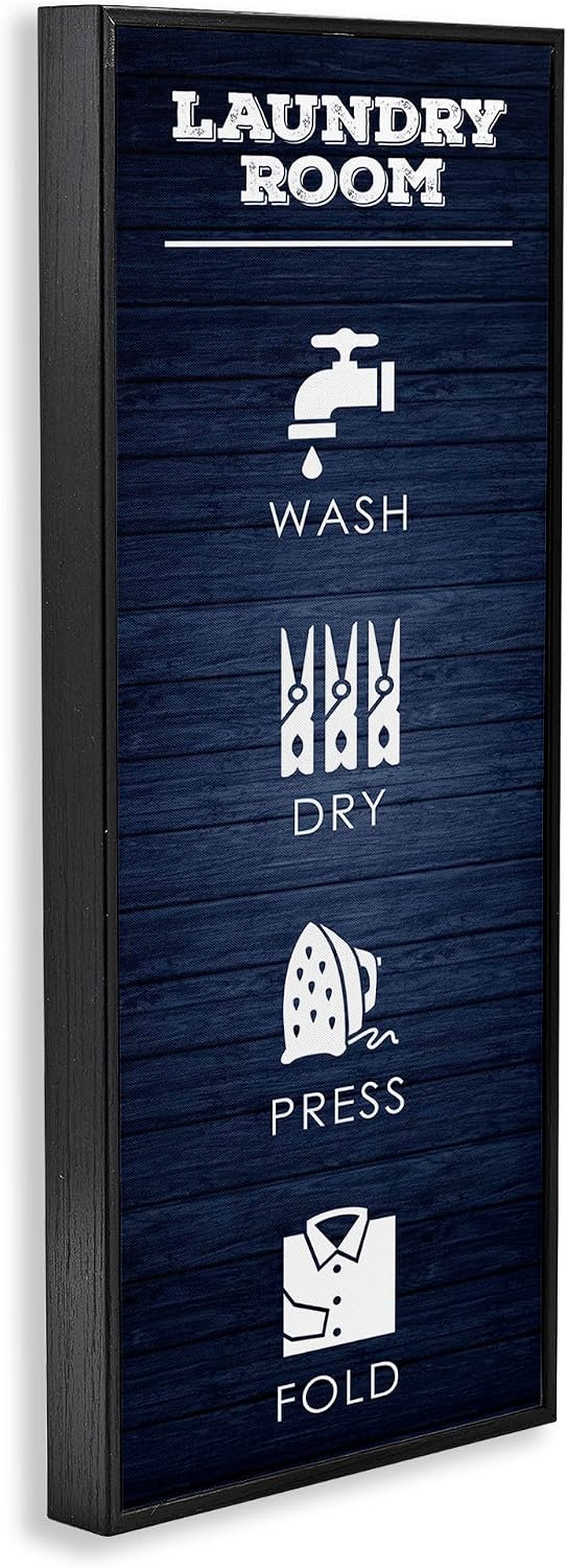 Stupell Industries 'Laundry Room Icons Rustic Blue', Framed Giclee Art, Black, 10 x 24 Inches, Easy to Hang and Sturdy, Made in USA, by Melody Hogan