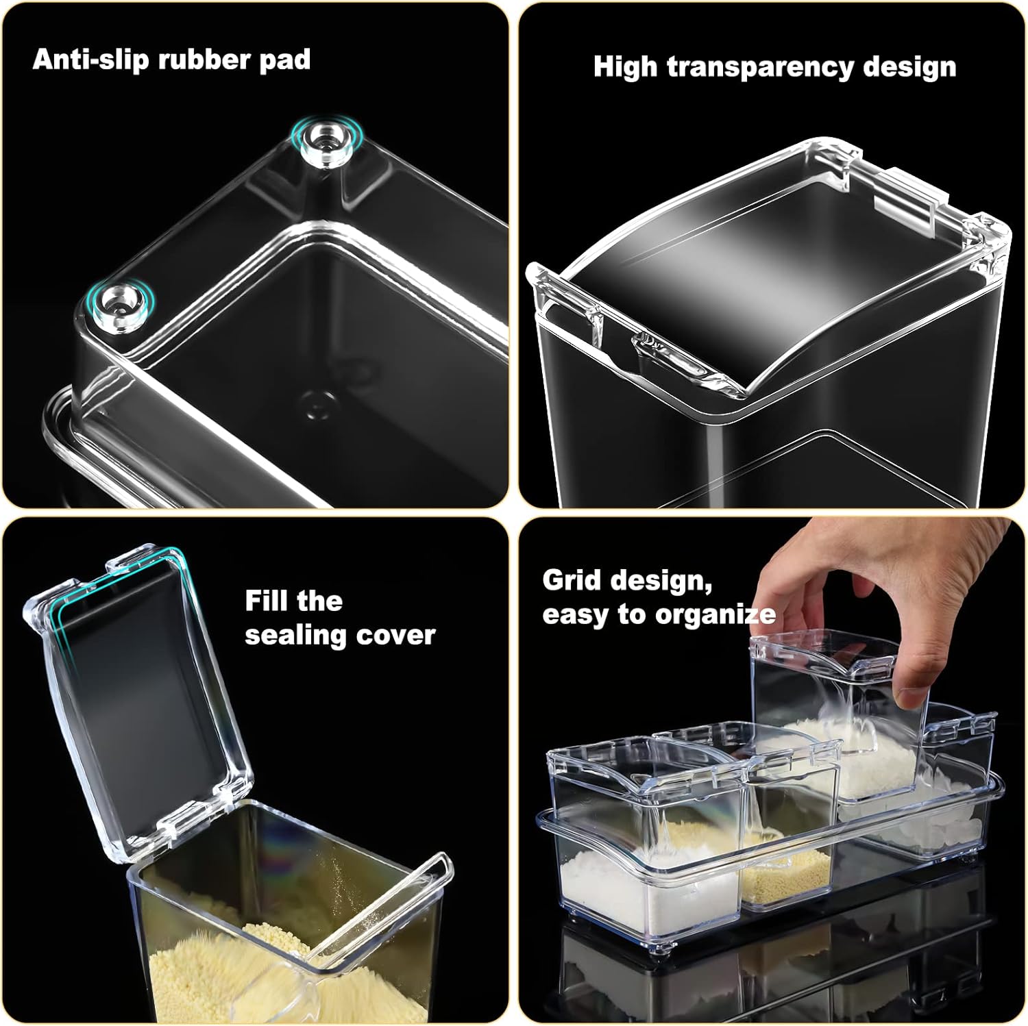 Bokon 4 Set Acrylic Clear Seasoning Box with Spoon, 16 Pcs Kitchen Seasoning Organizer Box Spice Pots Containers Condiment with Lids for Salt Candy Sugar Organizer, 10 x 4 x 3.3 Inch