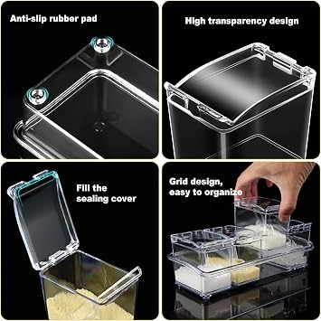Bokon 4 Set Acrylic Seasoning Box with Spoons, 16 Compartments Clear Spice Organizer, Kitchen Condiment Containers with Lids for Salt, Sugar, Candy