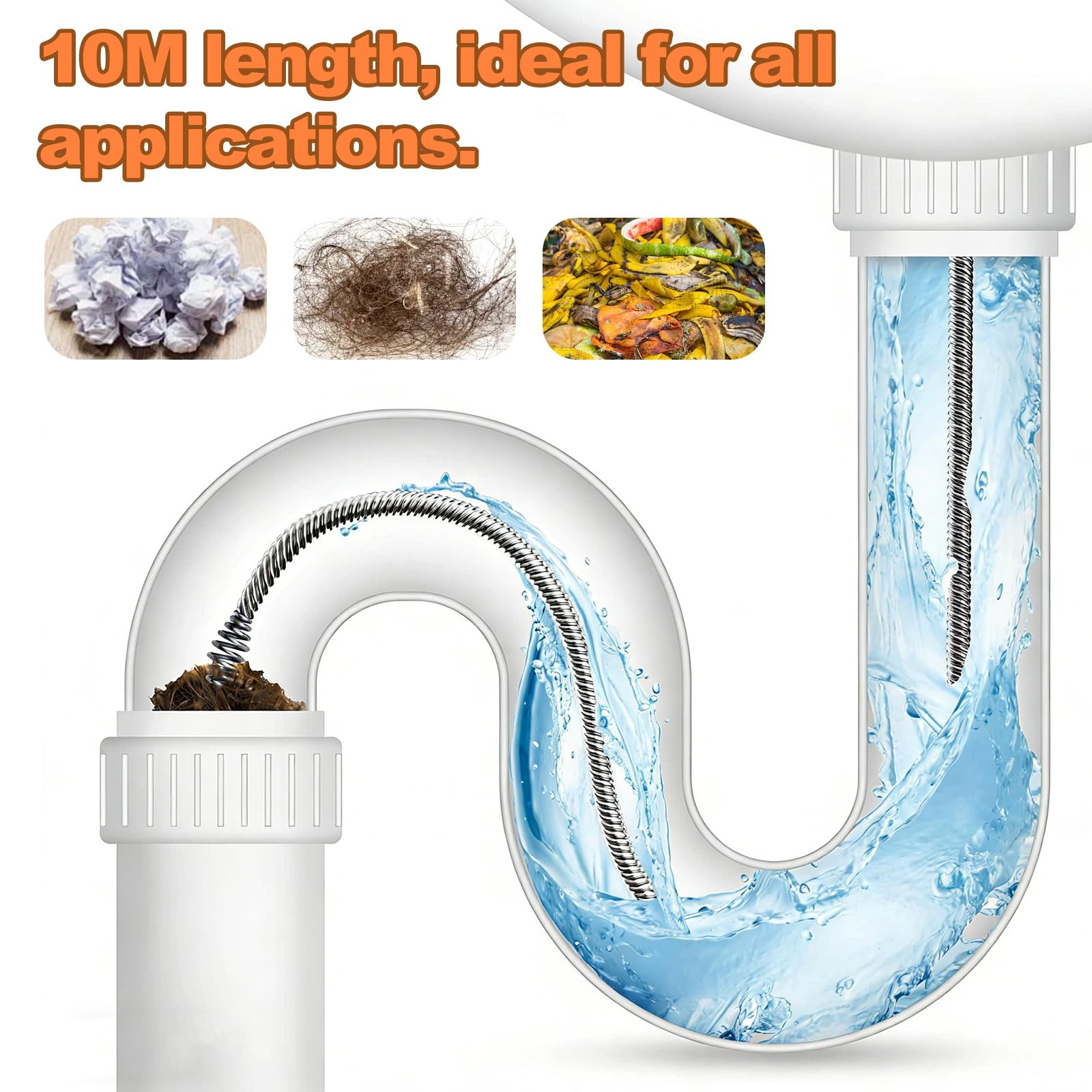 10M Sonda Sturatubi Spirale per la Pulizia Dei Tubi, Molla Sturatubi con Tamburo in Metallo, Chiavetta Serpentina per Scarichi, Spirale di Scarico Ideale per la Pulizia Ecologica Dei Tubi
