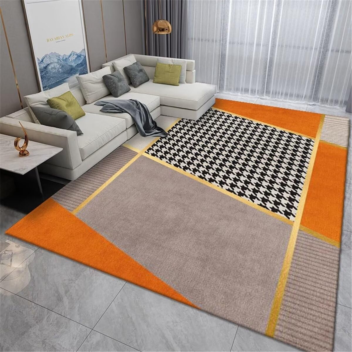Tapis de salon géométrique design orange et gris aux finitions soignées