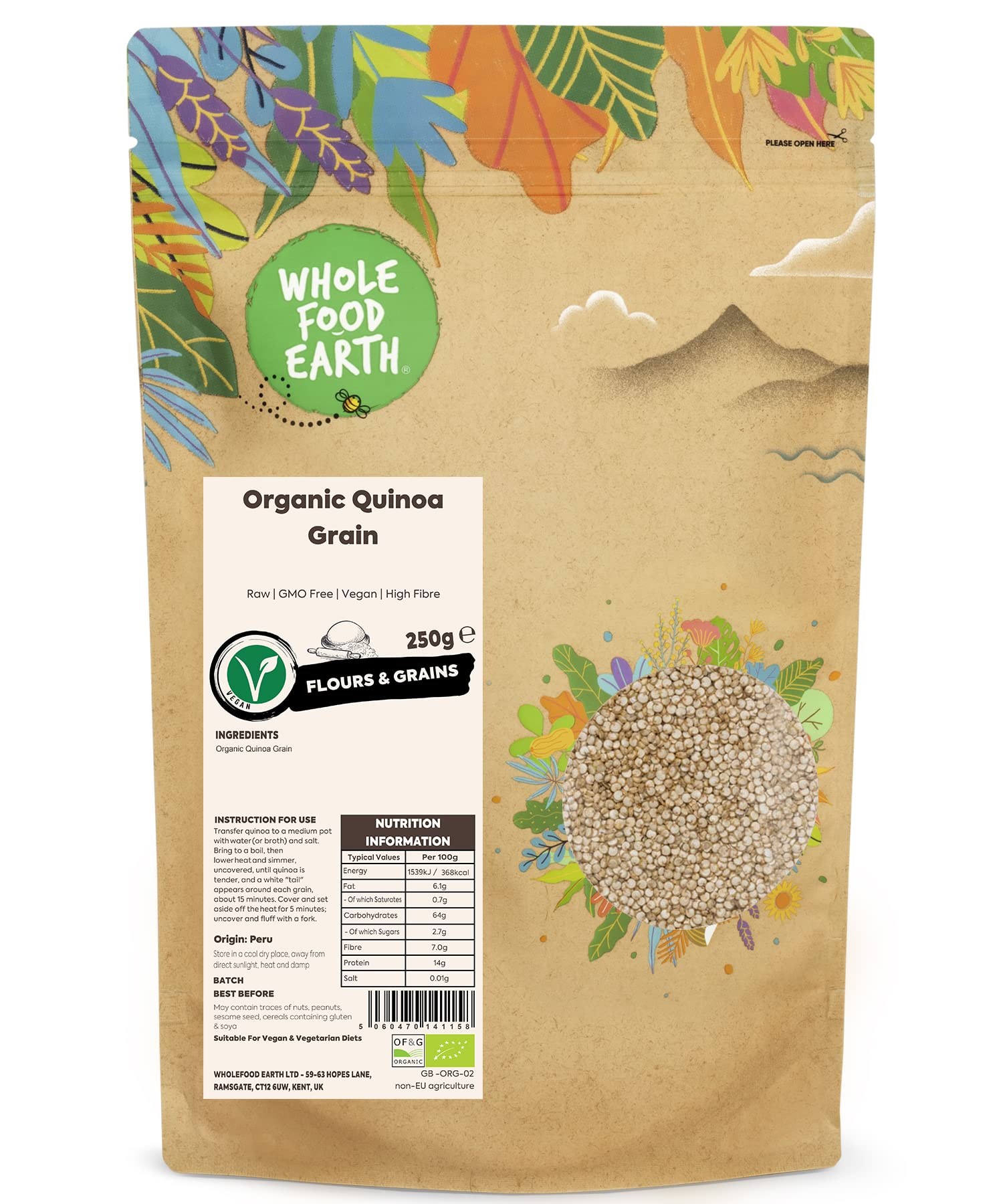 Wholefood Earth Organic Quinoa Grain – 250g | Raw | GMO Free | Vegan | High Fibre | Certified Organic