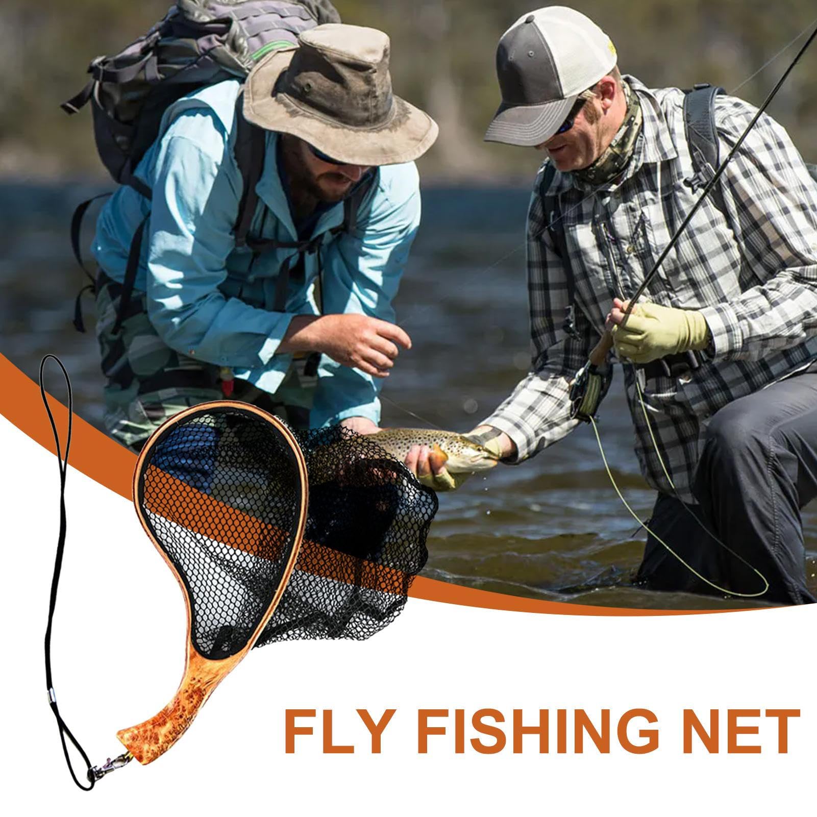 Retino da pesca, retino per pesca a mosca per trote – retino per pesca – | retino da pesca con manico in legno, rete per laghetti con rete nera, retino per pesce persico, pesca e libera