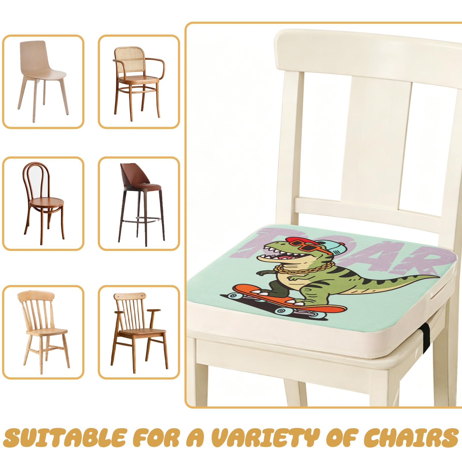 Sitzerhöhung Stuhl, 40 x 40 x 9 cm Tragbare Sitzerhöhung, Sitzerhöhung Sitzkissen mit 2 Sicherheits Schnalle Rutschfeste & Anti-Rutsch-Boden für Zuhause Unterwegs (Dinosaurier)