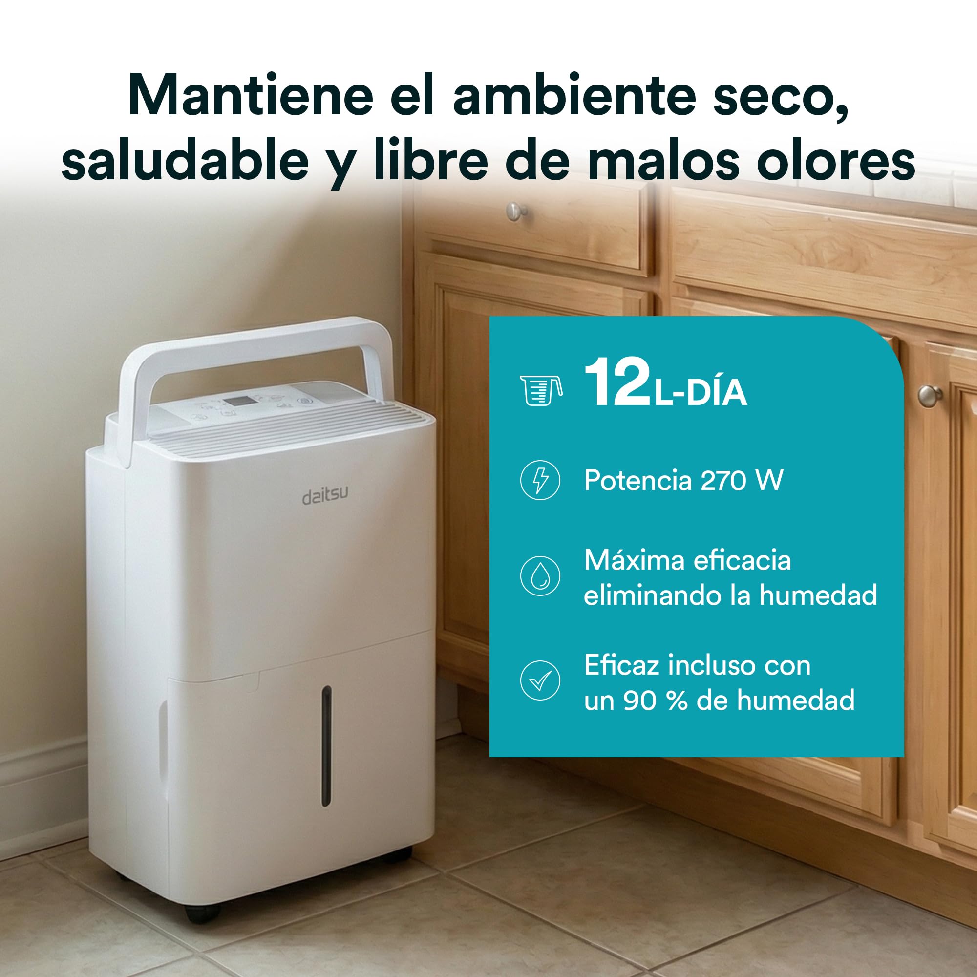 Daitsu Deshumidificador de Humedad 12L Silencioso | Modo Secado de Ropa | Control Automático de Humedad | Diseño Compacto y Bajo Consumo | Ideal para Hogar y Oficina | Eficiencia Energética Clase A