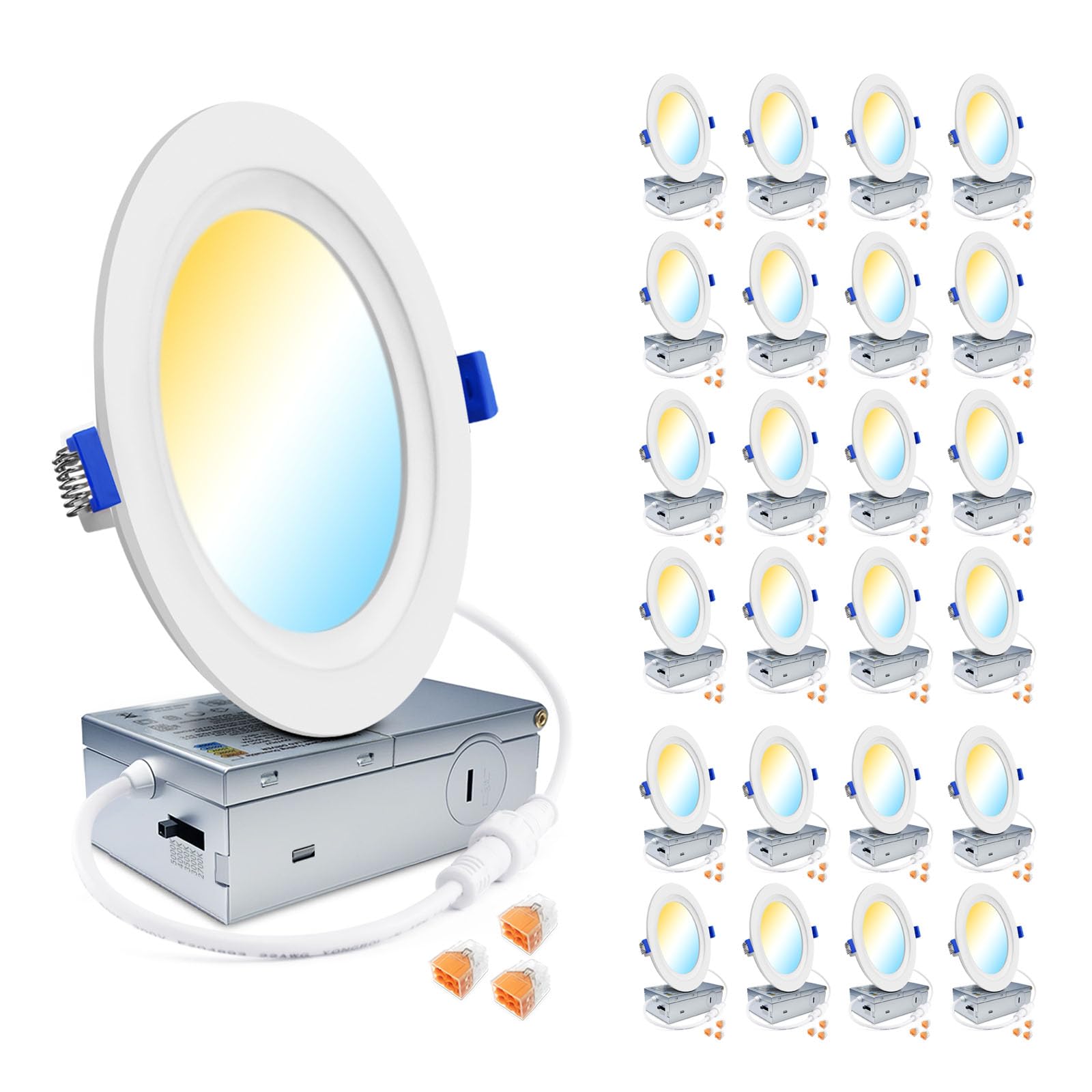 zouzai 24 Pack Ultra-Thin LED Recessed Ceiling Light with Junction Box 5CCT Adjustable Dimmable Can-Killer Downlight - ETL and Energy Star Certified (