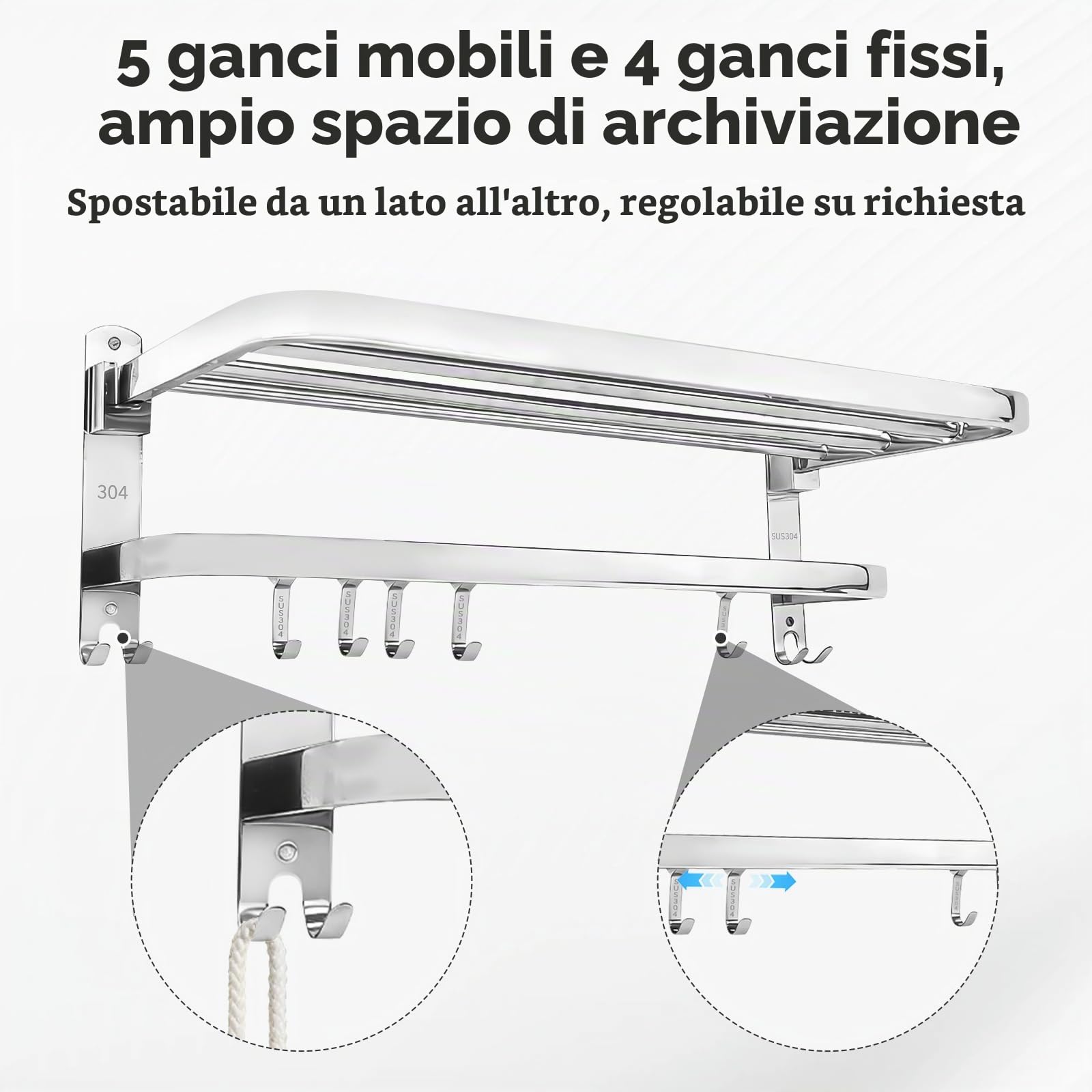Portasciugamani pieghevole a 90° da parete autoadesivo con 5 ganci, portasciugamani a 2 piani in acciaio inox, mensola da bagno con doppia asta (50 cm)