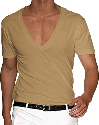 Mens V-Neck T-Shirt Fitness Top Muscle Fitted Gym Workout Short Sleeve Athletic Bodybuilding Casual Tee Shirt