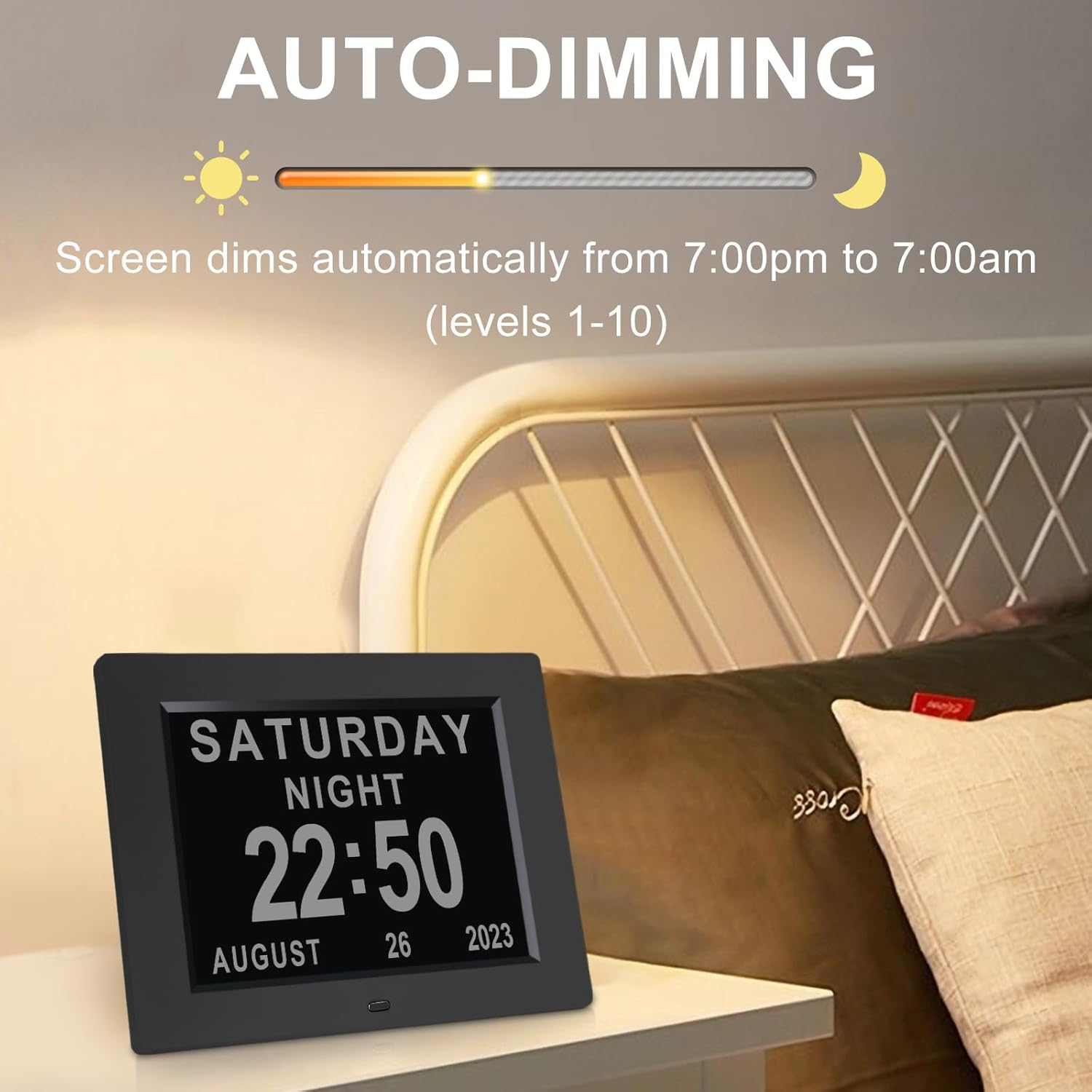 Johnziny 8 Inch Digital Calendar Day Clocks for Seniors-8 Alarms, Auto-Dim, Digital Clock Large Display Date and Day,Dementia Clocks for Seniors,Electronic Calendar with Large Number Black