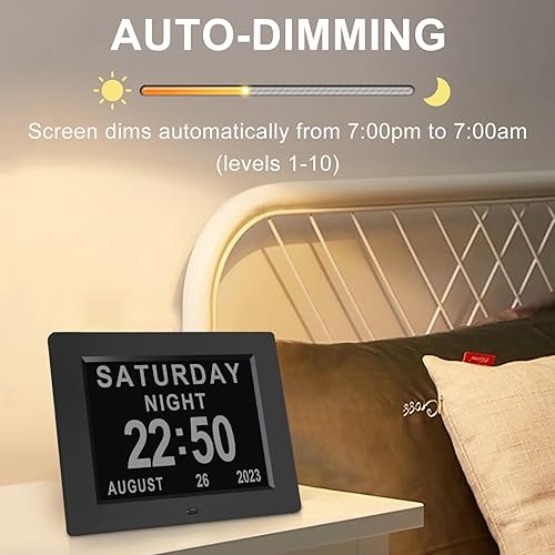 Miniatura 5 de Calendario digital de 8 pulgadas para personas mayores, 8 alarmas, atenuación automática, reloj digital de gran pantalla con fecha y día para