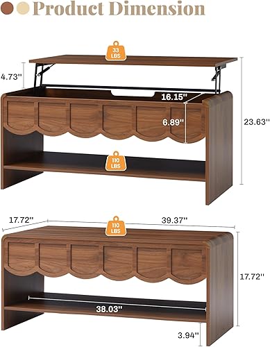Miniatura 2 de Mesa de centro elevable con compartimento oculto, mesa central de madera de 2 niveles con panel ondulado, moderna mesa elevadora para el hogar, sala