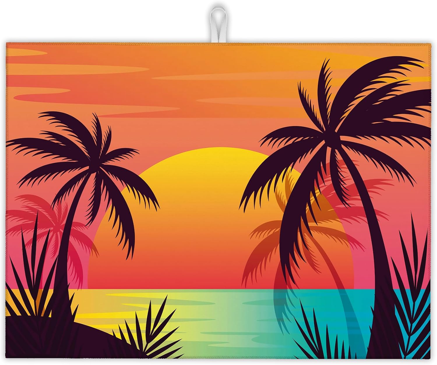 Beach Sunset Dish Drying Rack Mat for Kitchen Counter,Tropical Palm Tree Dish Drying Pad Absorbent Reversible Microfiber Protector for Coffee Bar Sink Countertops 18x24 Inch