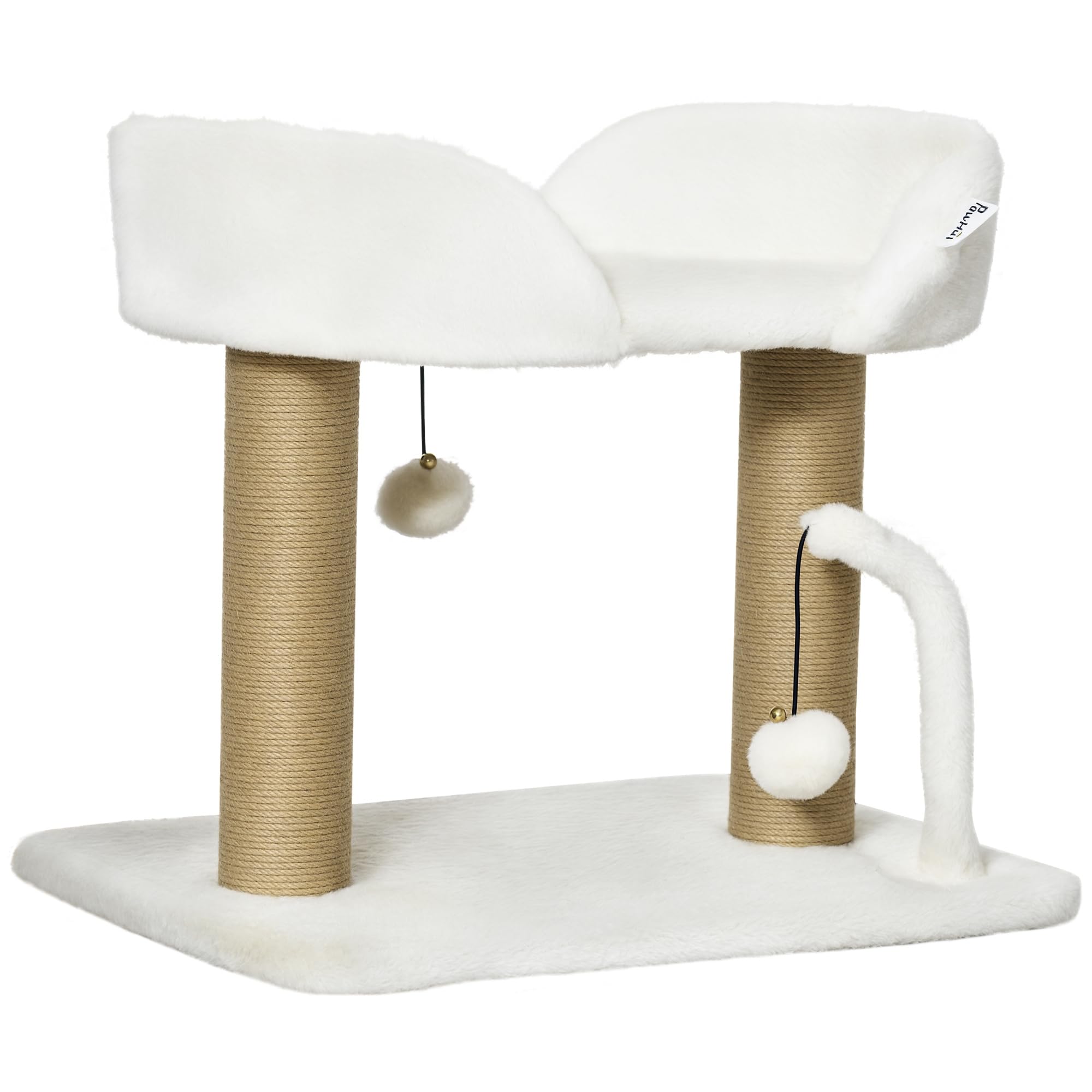 PawHut Arbre à Chat grattoir Design avec Jeu 2 Pompons Suspendus 2 poteaux sisal + Plateforme Peluche - 48 x 38 x 42 cm - sisal Beige