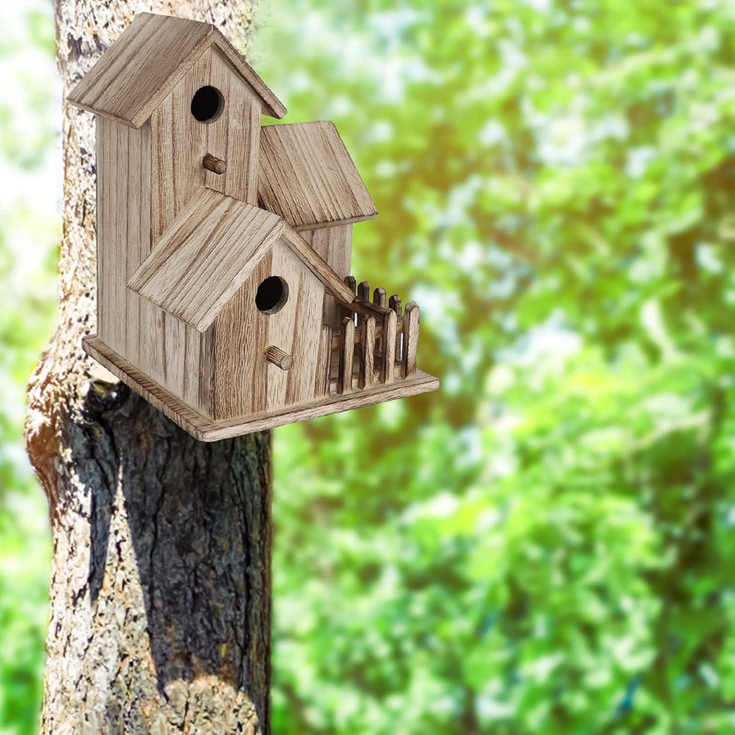 Wood Bird Houses for Outside Large Birdhouse with Perch Wooden Outdoor Bird Nesting Box for 3 Finch Cardinals Robin Hummingbird Courtyard Decor