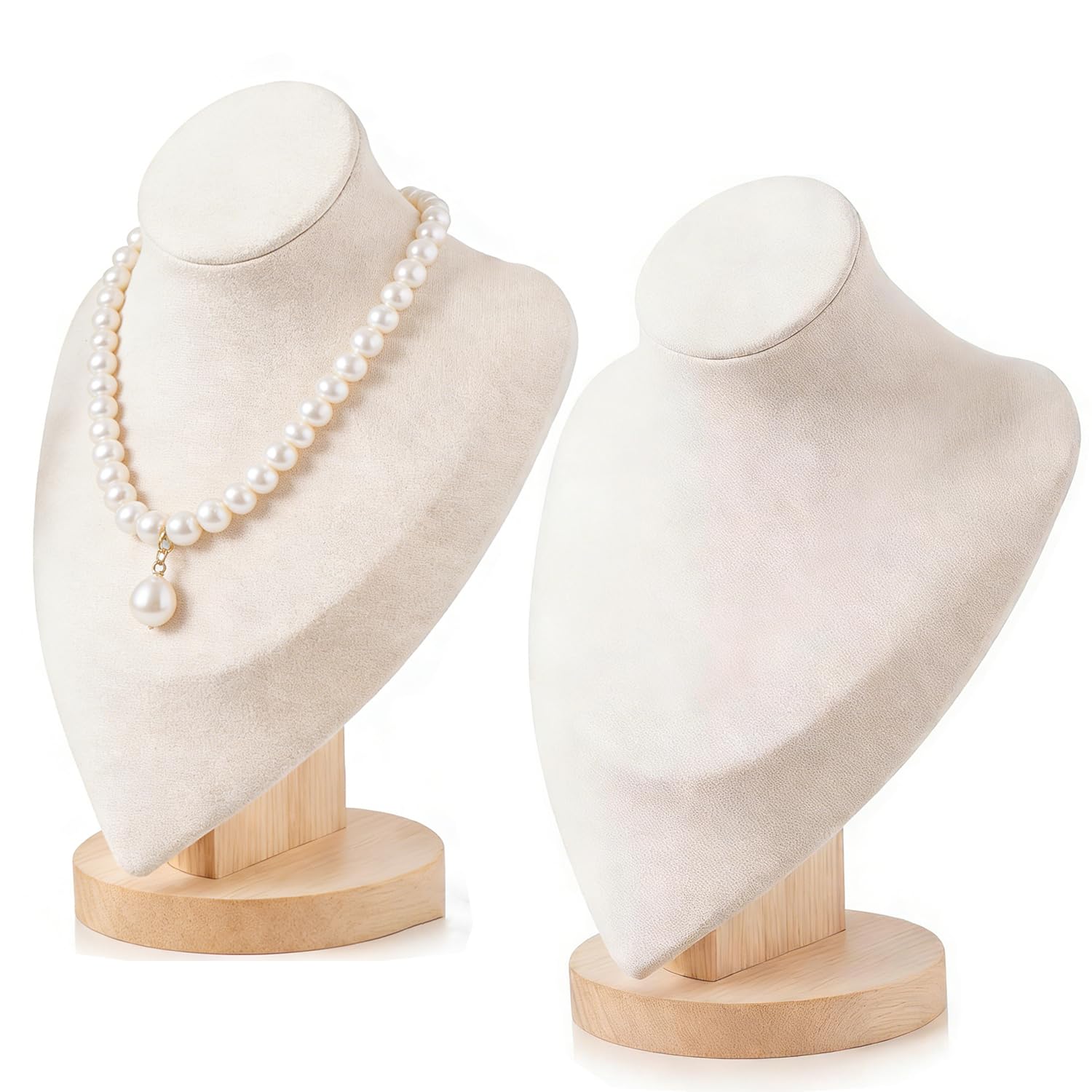 Jinavoty 2 Pcs Necklace Display Stand Velvet Jewelry Bust Display Stands with Wood Base Necklace Bust for Selling for Vendors Home Trade Organizer (Beige, Medium) — image 1