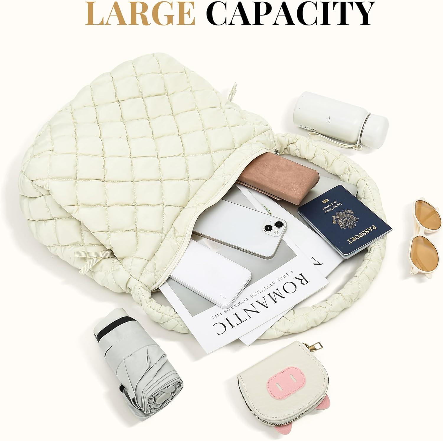 Tote Bag for Women, Large Puffer Bag and Work Bags with Zipper, Quilted Tote Bag for Travel, Daily, Work, Gym, Beach - Image 4