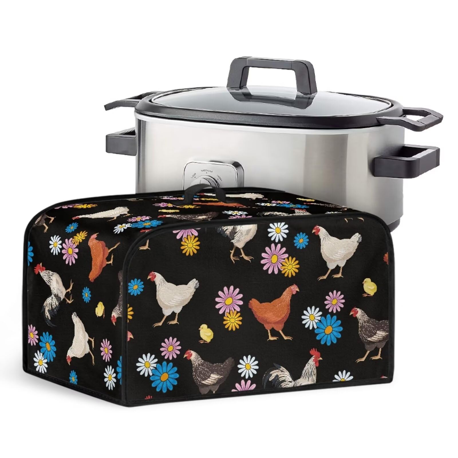 TODIYADDU Rooster Hen Slow Cooker Dust Cover with Handle Daisy Flowers Air Fryer Cover Insulated Travel Carrier for Women Lightweight Appliance Cover Dust Cover Trendy Home Decor Holiday Gifts