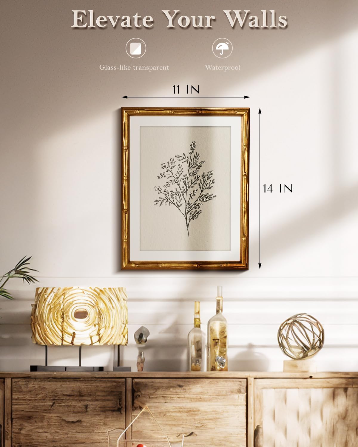 Vintage Modern Minimalist Plants Aesthetic Framed Canvas Posters, 12x16 Inch Flower Pictures Wall Art Gold Bamboo Decor With White Mat, Farmhouse Botanical Illustration Artwork For Bedroom