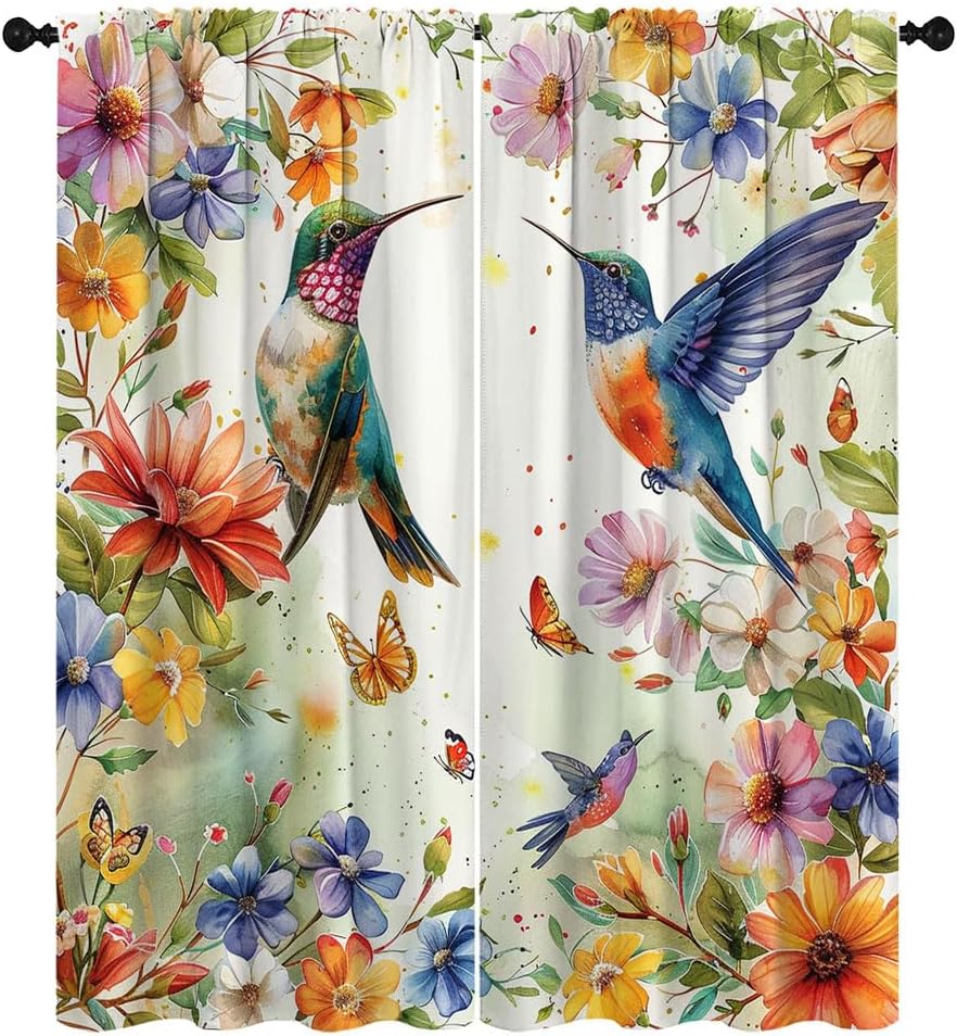 Whimsical Hummingbird Curtains Floral Fruit Mustard Yellow Vintage Patterned Mid Century Colorful Rod Pocket Window Curtains for Bedroom Living Room W42 x L63 Inch